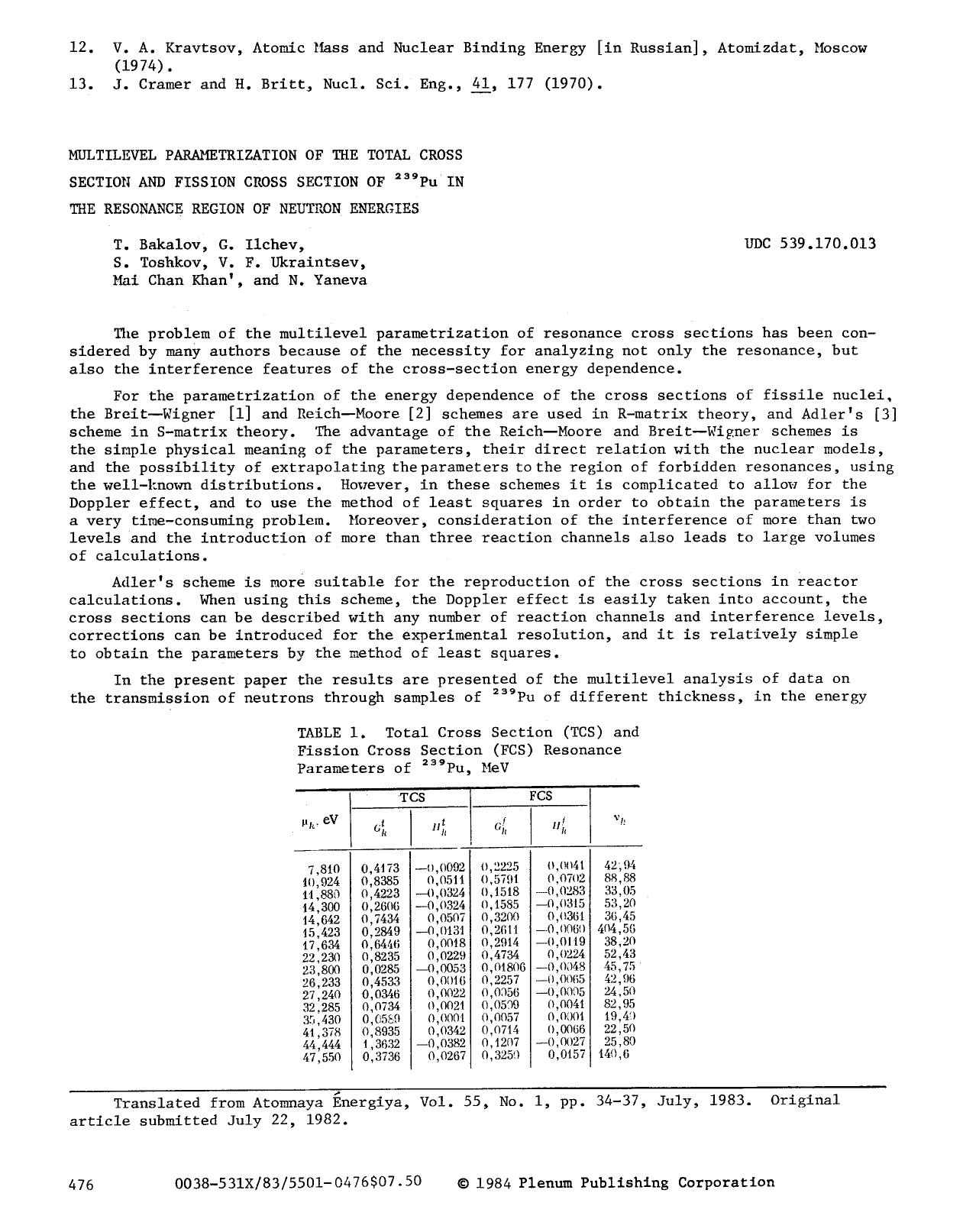Multilevel parametrization of the total cross section and fission cross section of <Superscript>239 <Superscript>Pu in the resonance region of neutron energies by Unknown