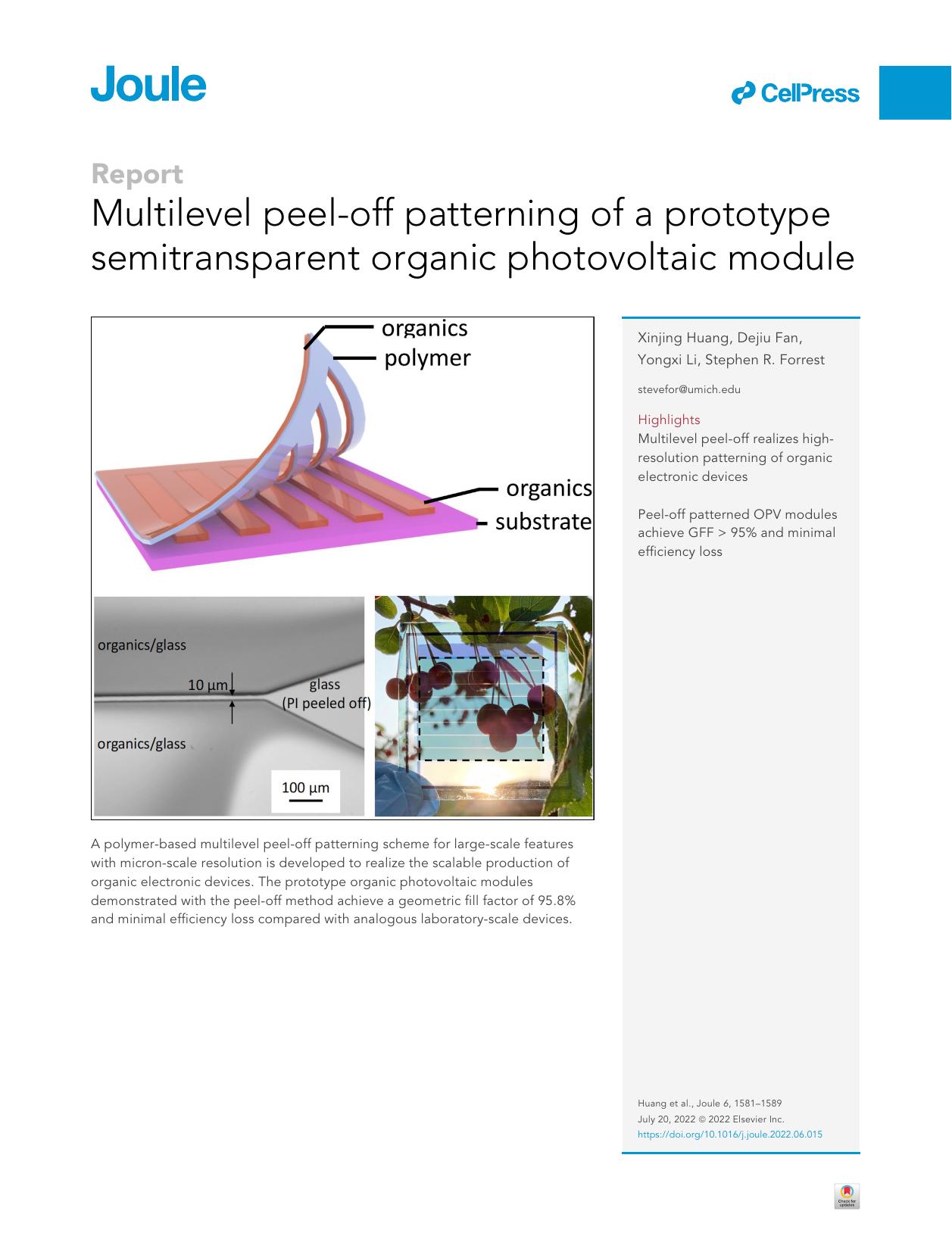 Multilevel peel-off patterning of a prototype semitransparent organic photovoltaic module by Xinjing Huang & Dejiu Fan & Yongxi Li & Stephen R. Forrest
