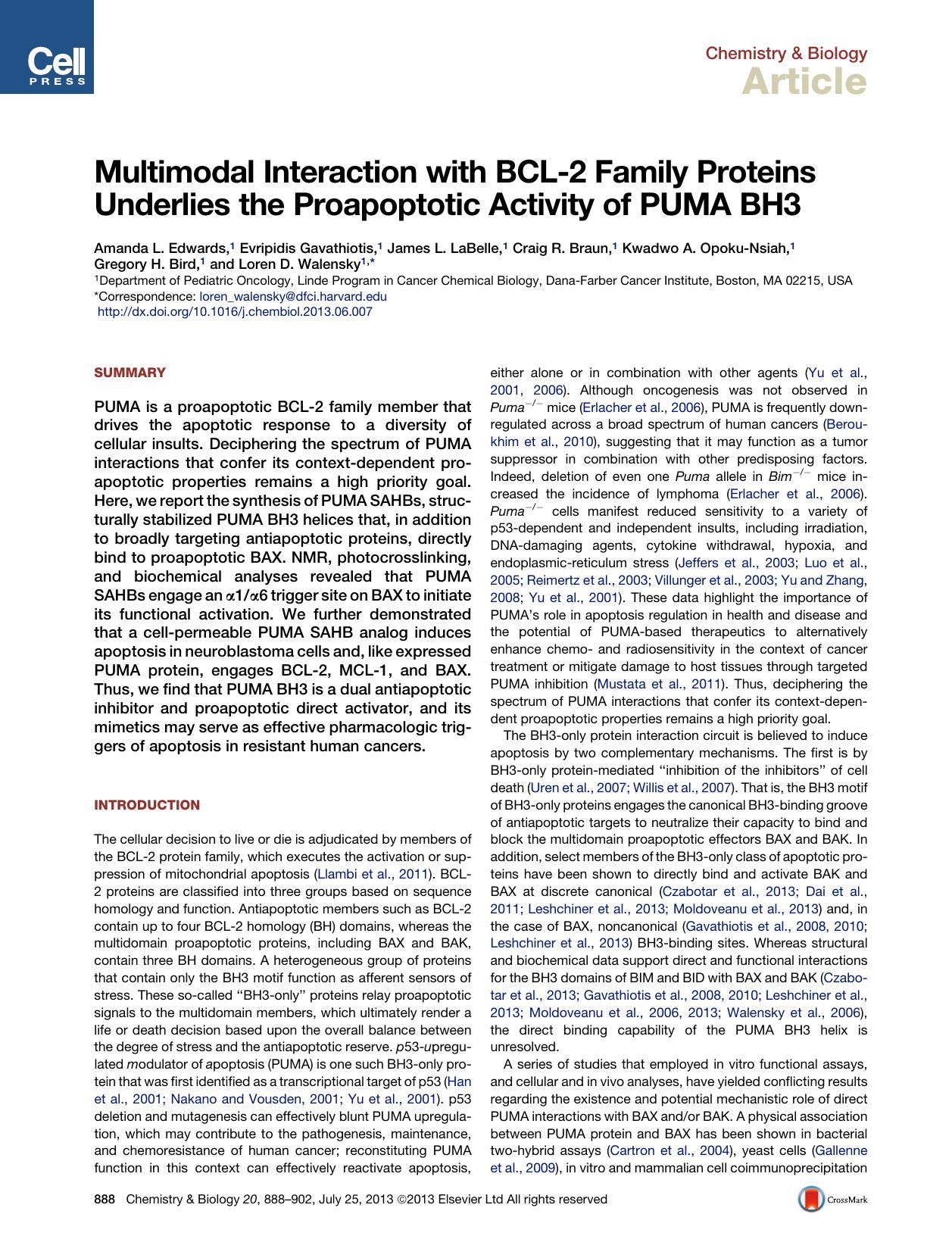 Multimodal Interaction with BCL-2 Family Proteins Underlies the Proapoptotic Activity of PUMA BH3 by unknow