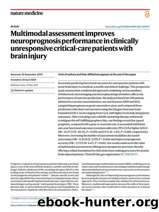 Multimodal assessment improves neuroprognosis performance in clinically unresponsive critical-care patients with brain injury by unknow