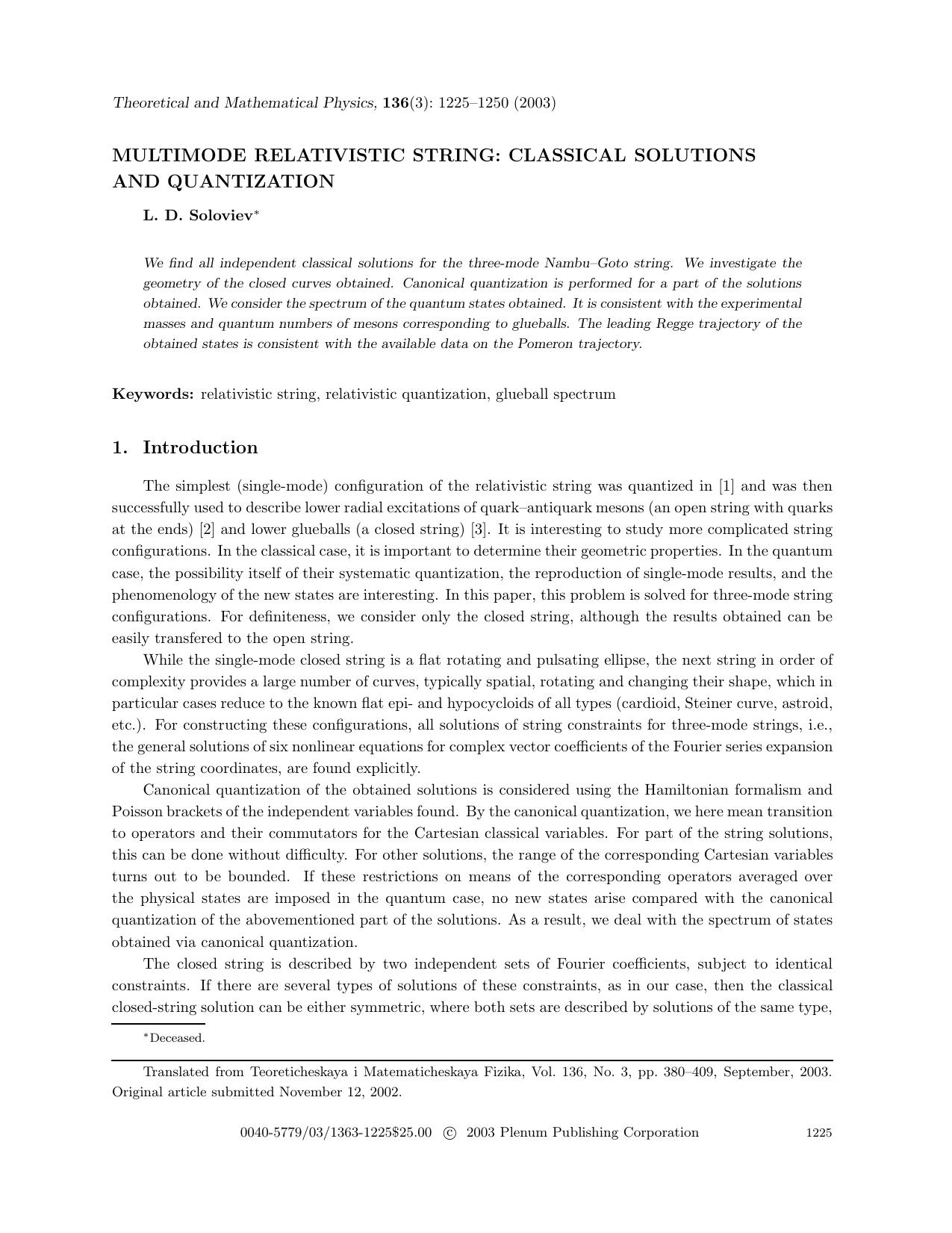 Multimode Relativistic String: Classical Solutions and Quantization by Unknown