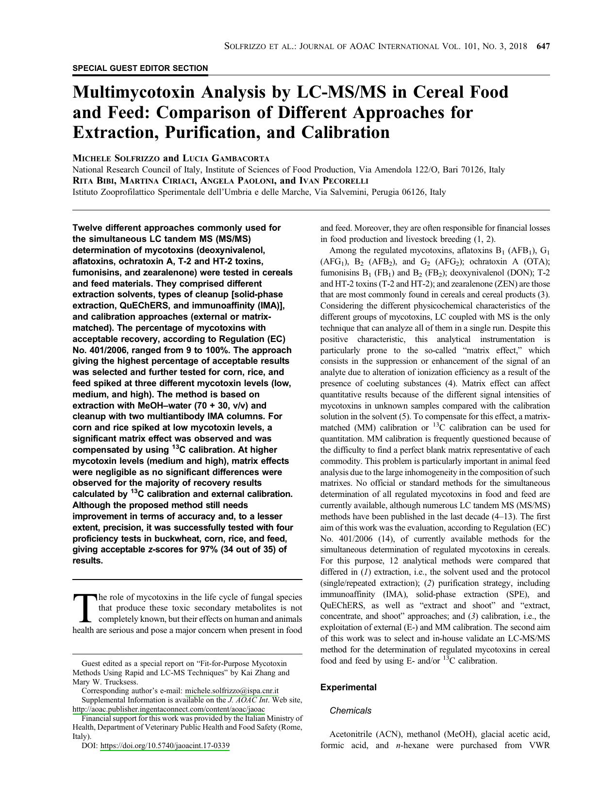 Multimycotoxin Analysis by LC-MSMS in Cereal Food and Feed: Comparison of Different Approaches for Extraction, Purification, and Calibration by Michele Solfrizzo ; Lucia Gambacorta ; Rita Bibi ; Martina Ciriaci ; Angela Paoloni ; Ivan Pecorelli