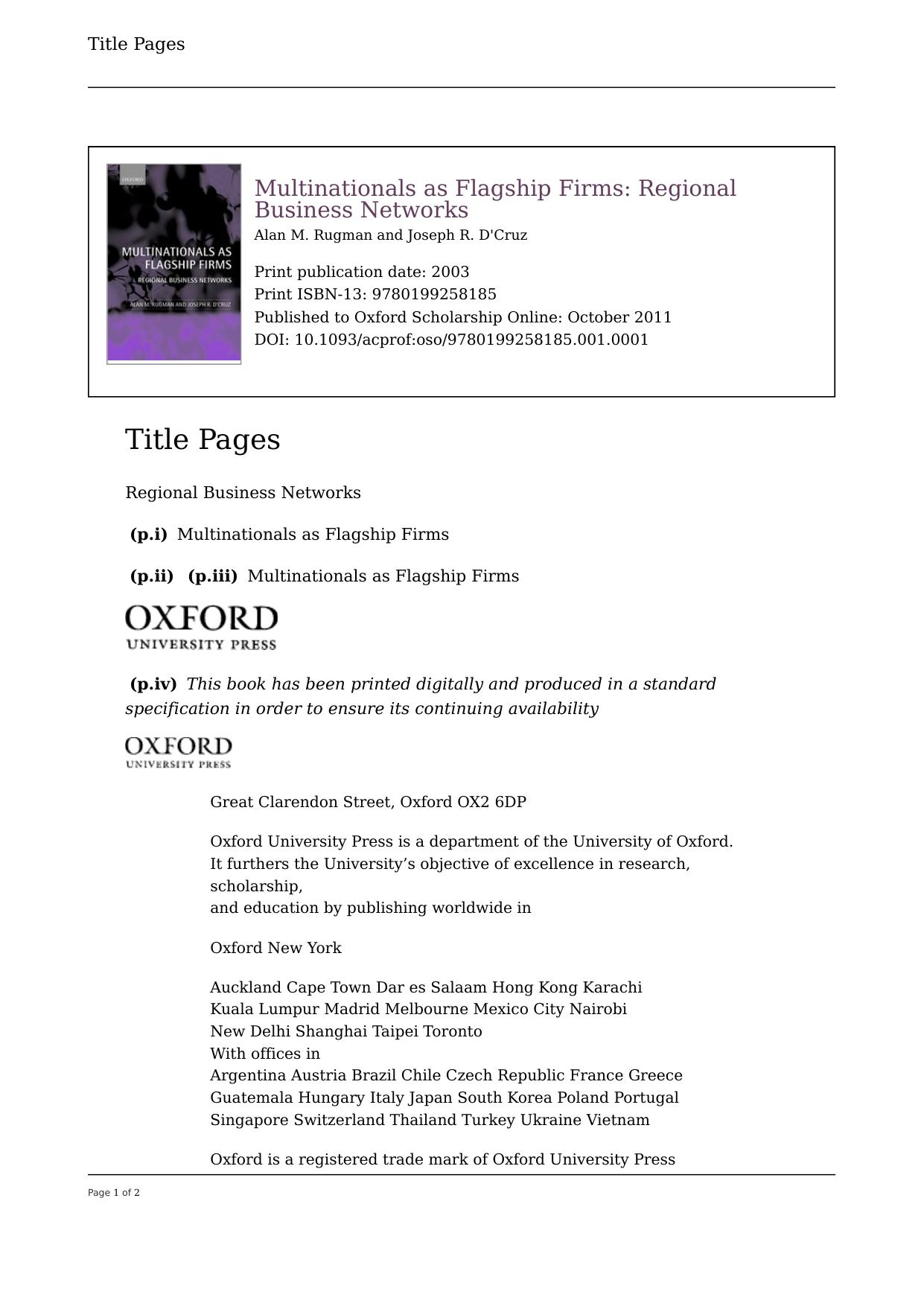 Multinationals as Flagship Firms: Regional Business Networks by Joseph R. D’Cruz