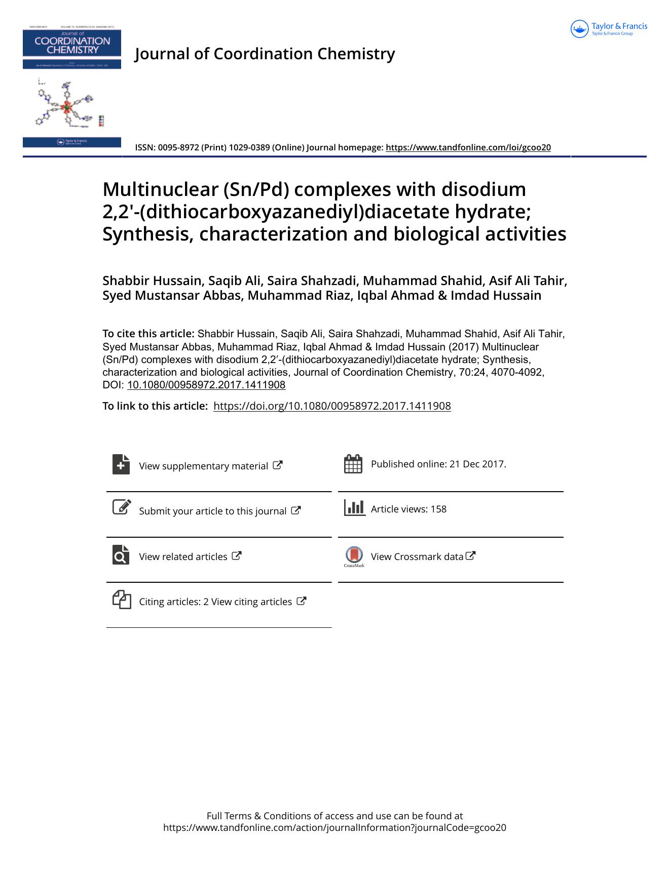 Multinuclear (SnPd) complexes with disodium 2,2â²-(dithiocarboxyazanediyl)diacetate hydrate; Synthesis, characterization and biological activities by unknow