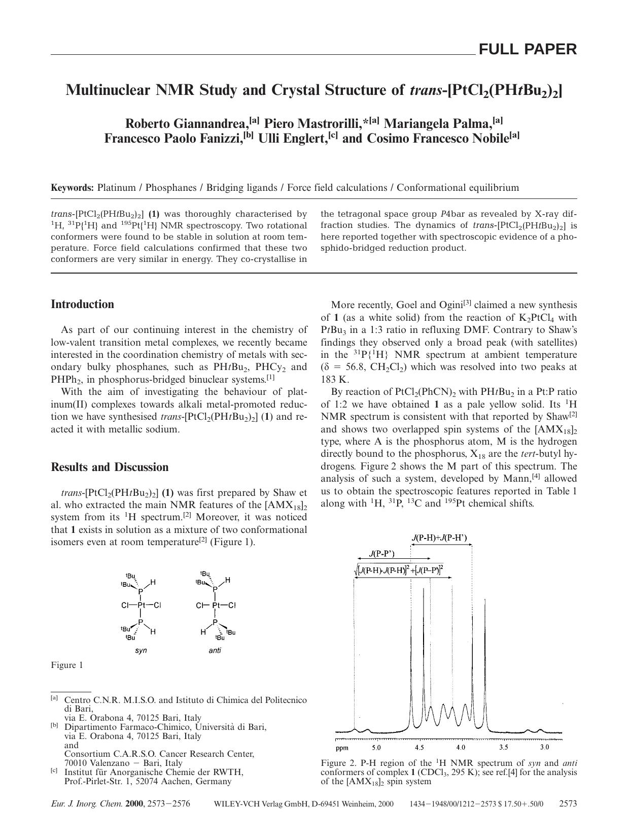 Multinuclear NMR Study and Crystal Structure of trans-[PtCl2(PHtBu2)2] by Unknown