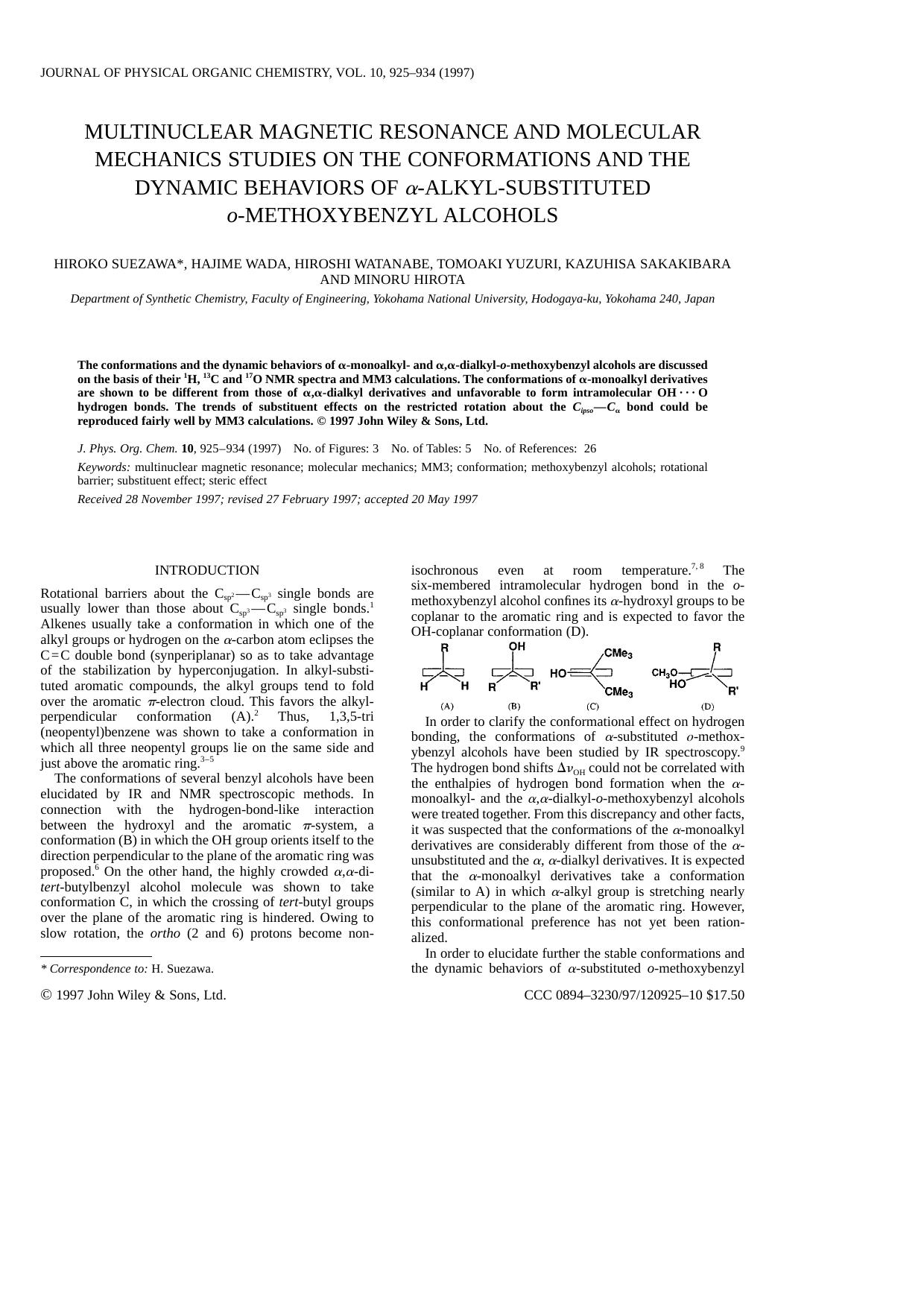 Multinuclear magnetic resonance and molecular mechanics studies on the conformations and the dynamic behaviors of [agr]-alkyl-substituted o-methoxybenzyl alcohols by SUEZAWA WADA WATANABE YUZURI SAKAKIBARA HIROTA