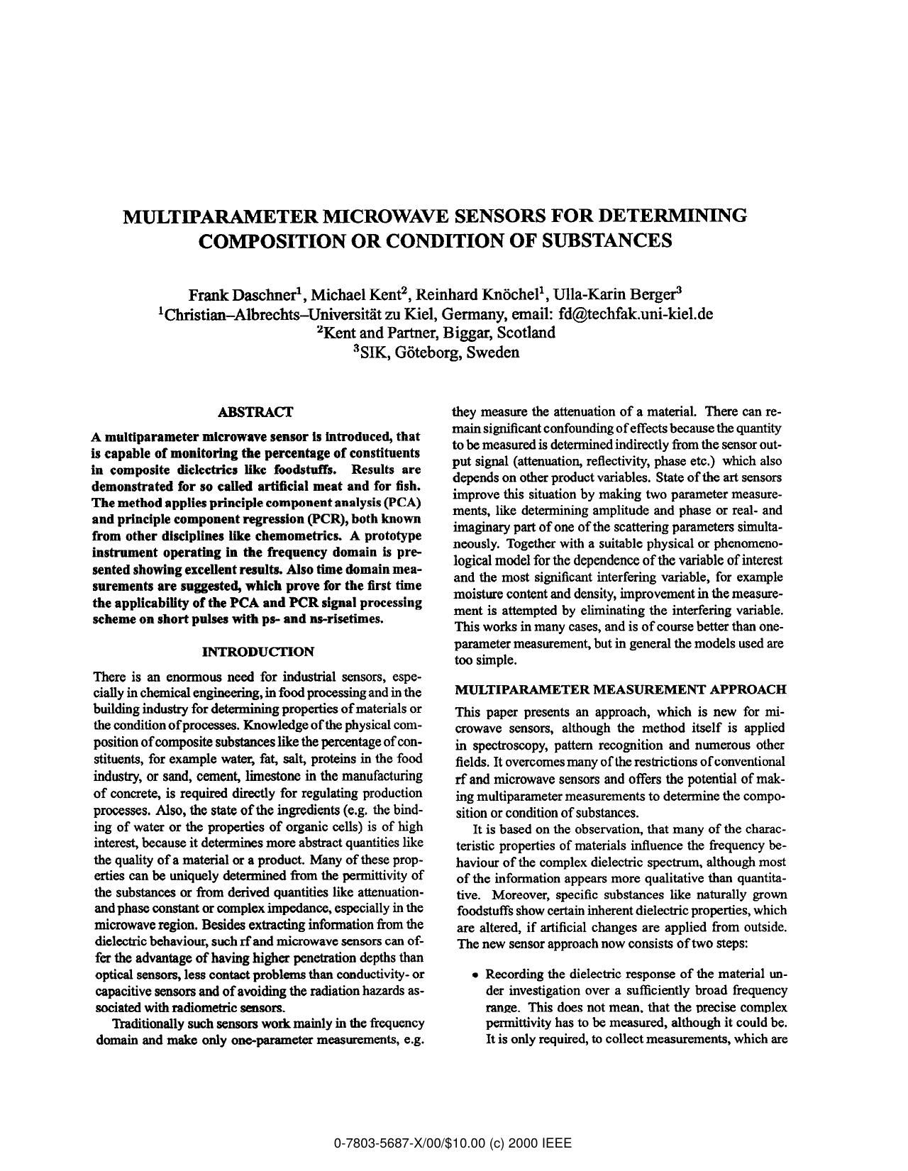 Multiparameter Microwave Sensors for Determining Composition or Condition of Substances by F. Daschner M. Kent R. Knöchel & U.-K. Berger