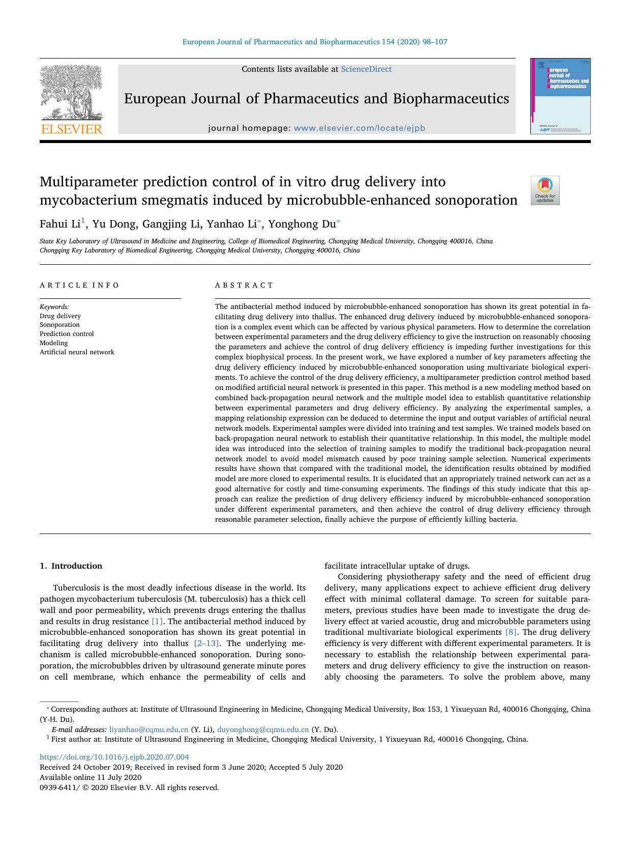 Multiparameter prediction control of in vitro drug delivery into mycobacterium smegmatis induced by microbubble-enhanced sonoporation by Fahui Li & Yu Dong & Gangjing Li & Yanhao Li & Yonghong Du