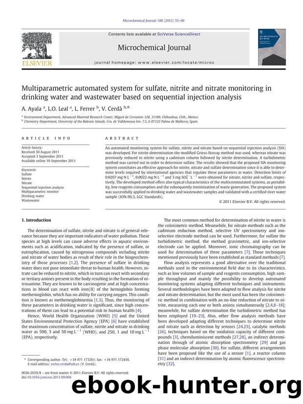 Multiparametric automated system for sulfate, nitrite and nitrate monitoring in drinking water and wastewater based on sequential injection analysis by A. Ayala & L.O. Leal & L. Ferrer & V. Cerdà
