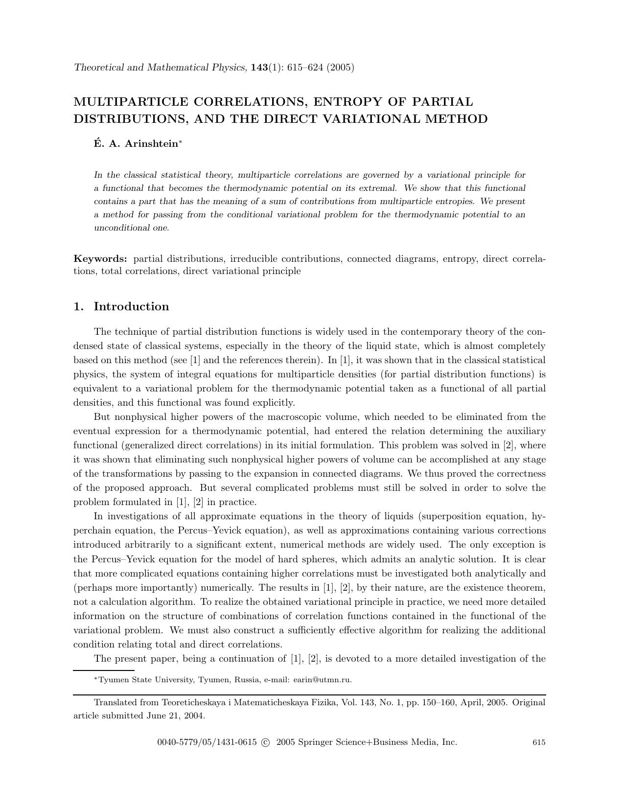 Multiparticle correlations, entropy of partial distributions, and the direct variational method by Unknown
