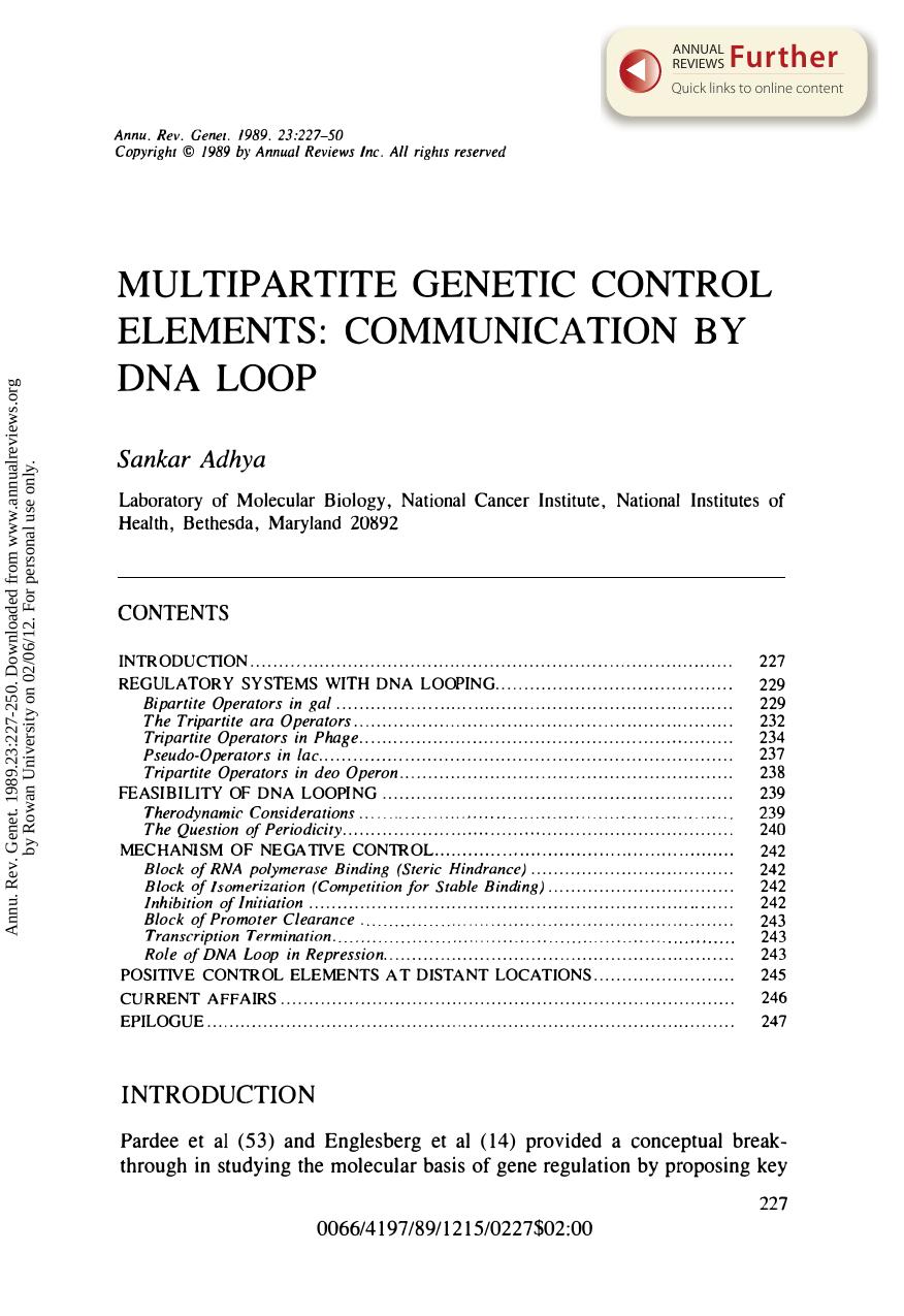 Multipartite Genetic Control Elements: Communication by DNA Loop by S Adhya