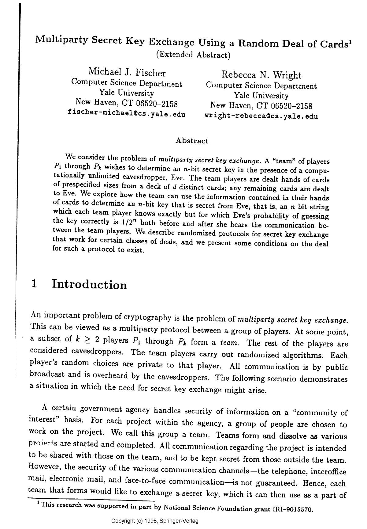 Multiparty secret key exchange using a random deal of cards by Fischer M. J. & Wright R. N