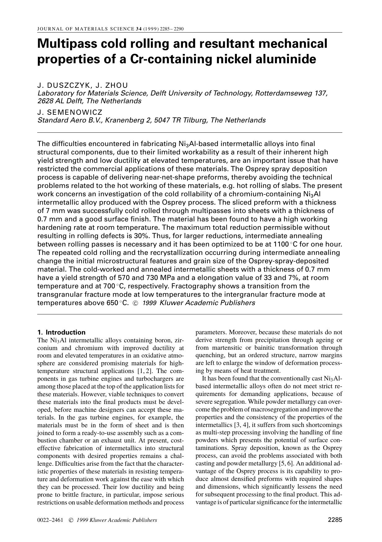 Multipass cold rolling and resultant mechanical properties of a Cr-containing nickel aluminide by Unknown