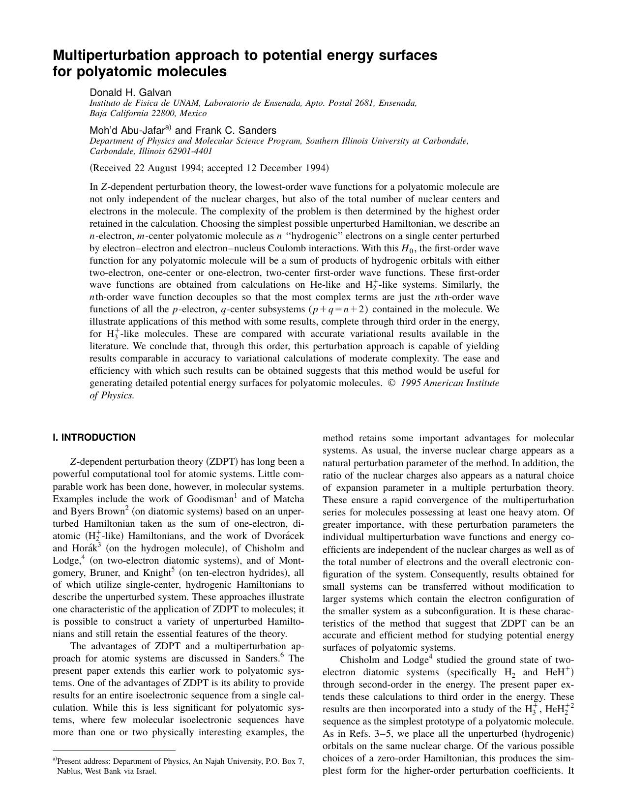 Multiperturbation approach to potential energy by Donald H. Galvan & Moh'd Abu-Jafar and Frank C