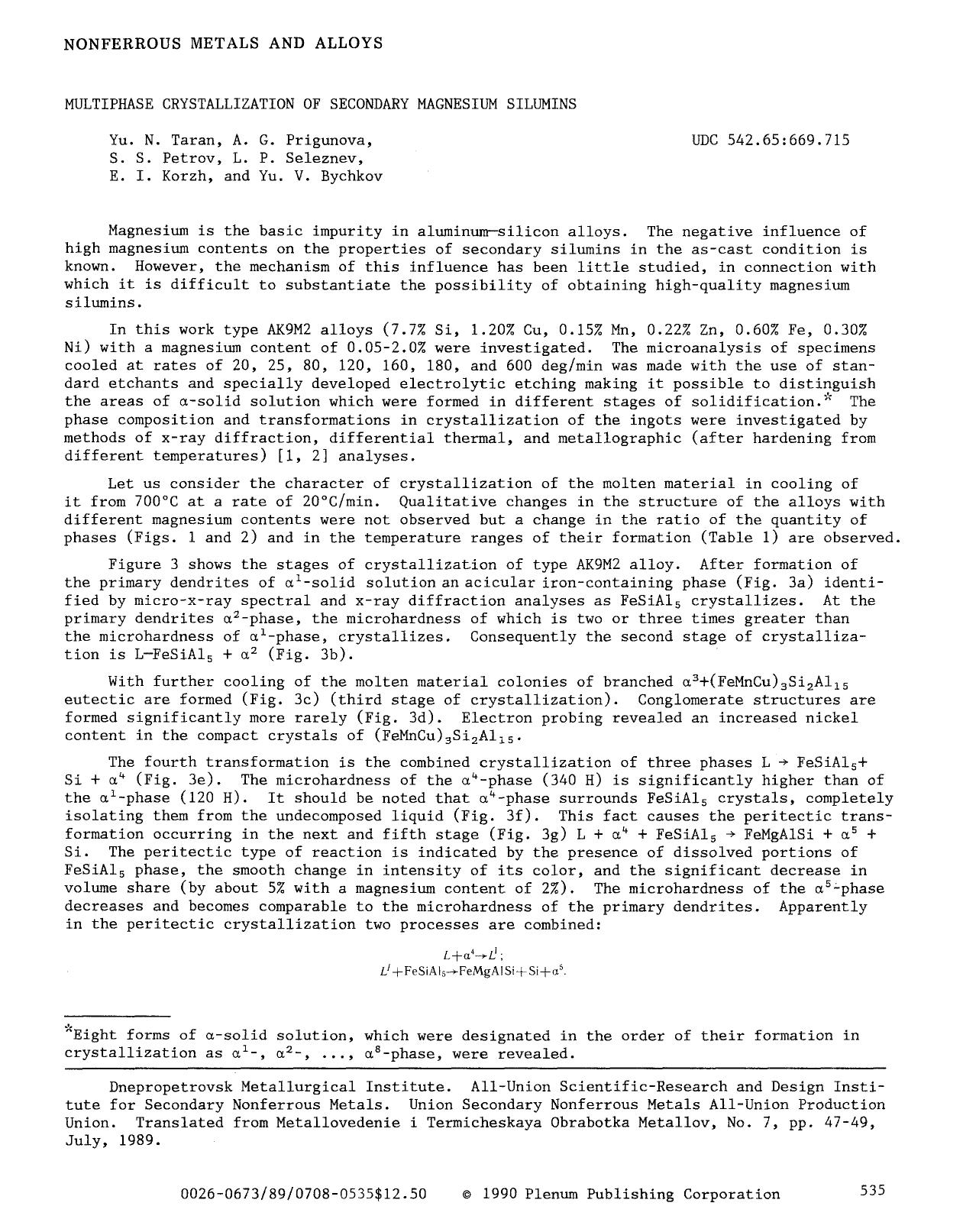 Multiphase crystallization of secondary magnesium silumins by Unknown