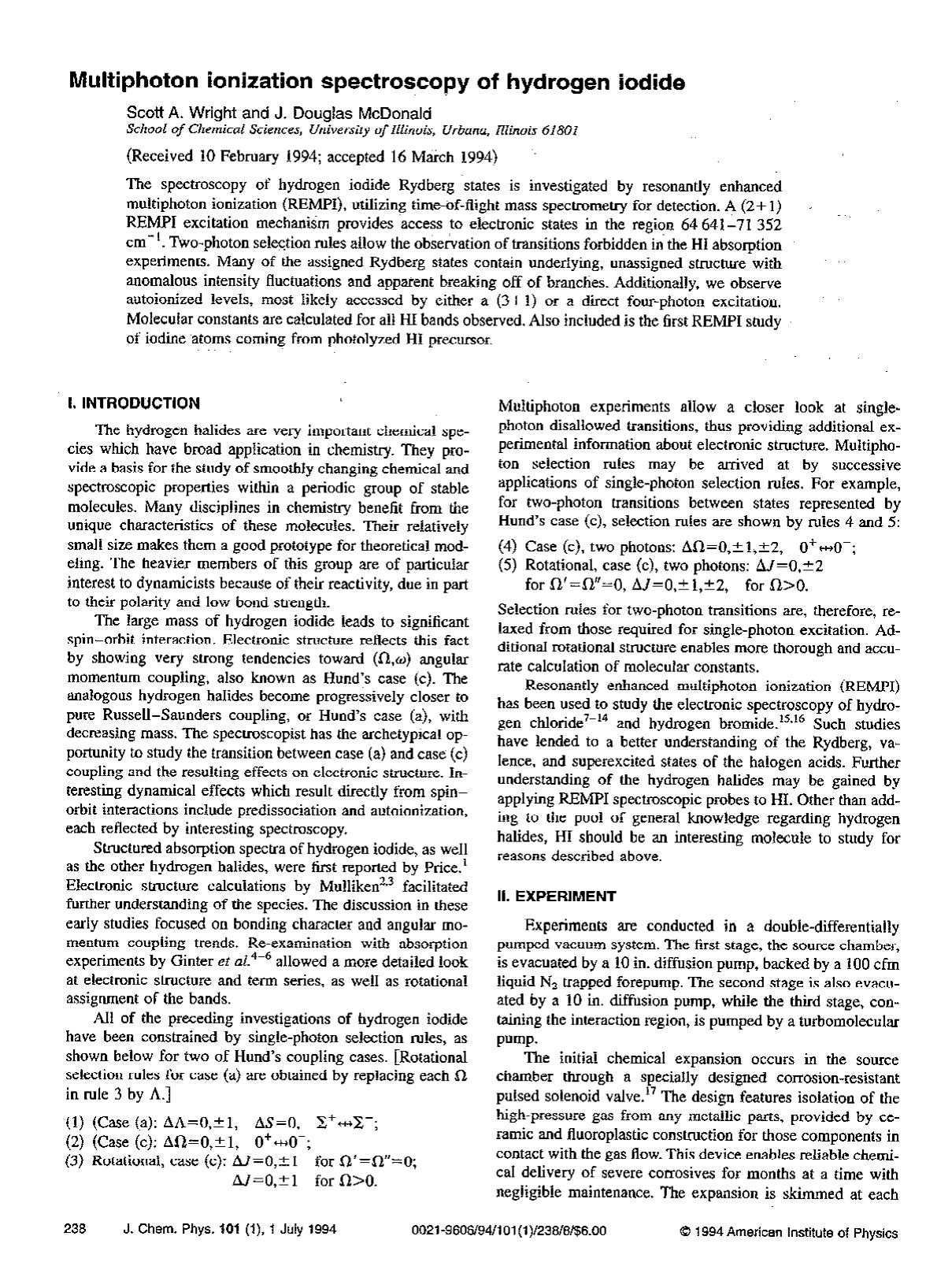 Multiphoton ionization spectroscopy of hydrogen iodide by Scott A. Wright; J. Douglas McDonald