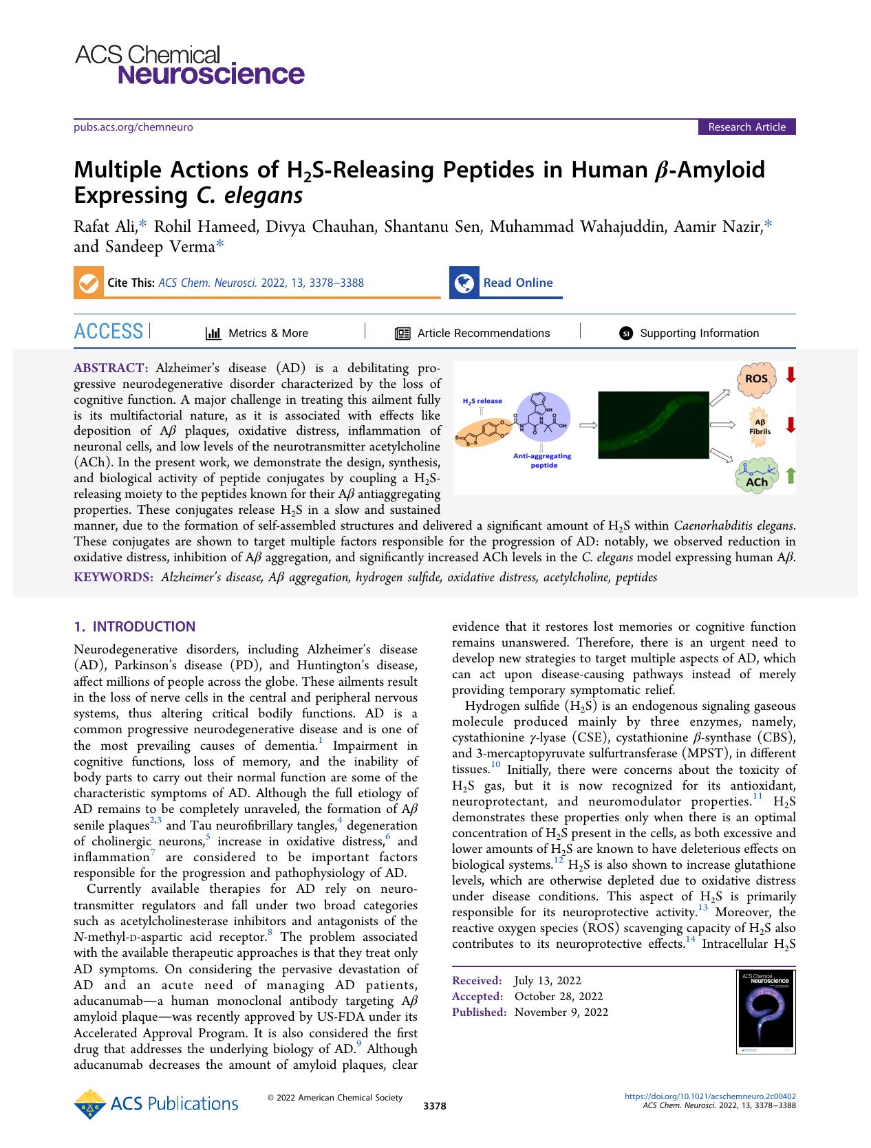 Multiple Actions of H2S-Releasing Peptides in Human Î²-Amyloid Expressing C. elegans by unknow