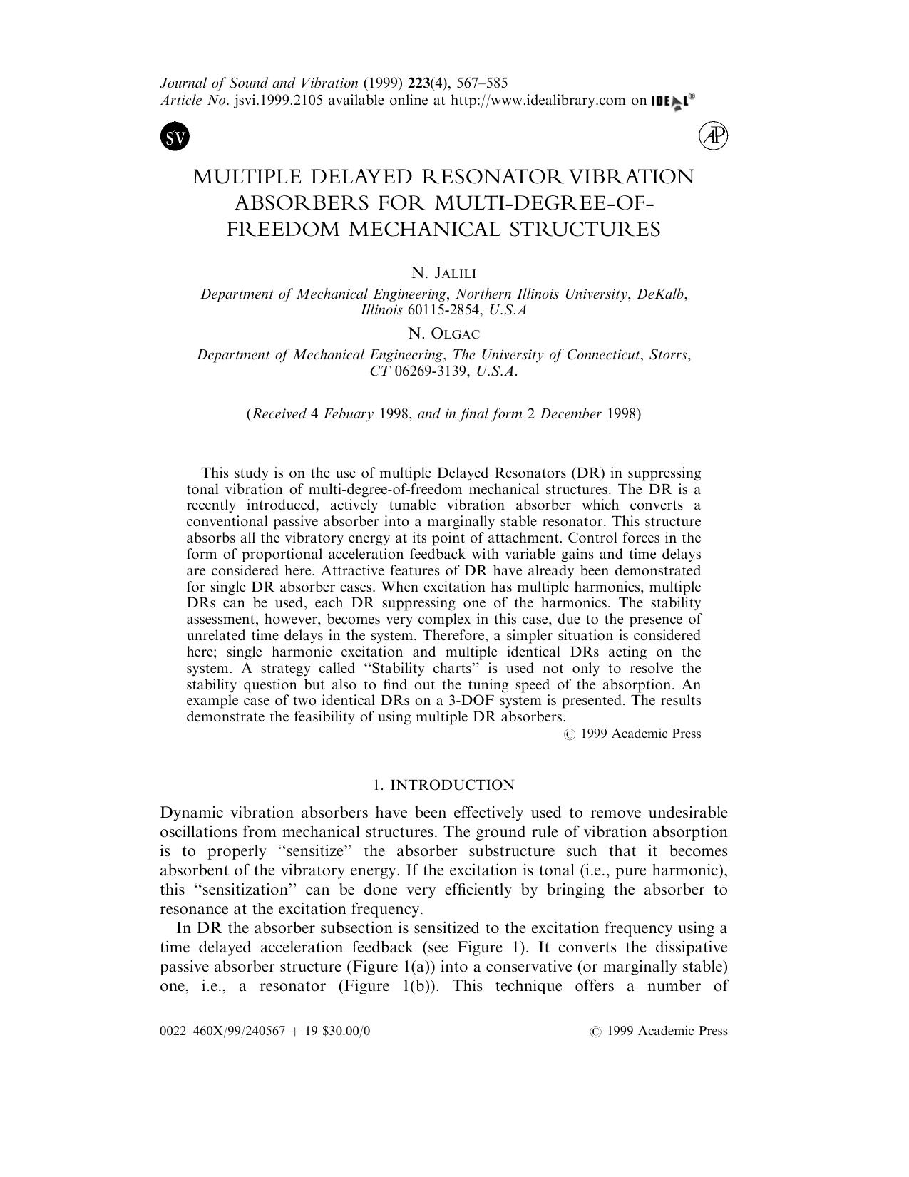 Multiple Delayed Resonator Vibration Absorbers for Multi-degree-of-freedom Mechanical Structures by Jalili N. et al