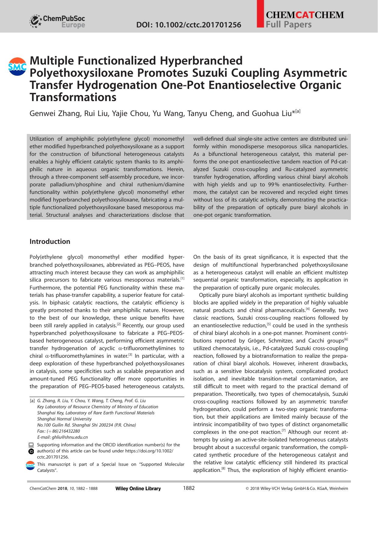Multiple Functionalized Hyperbranched Polyethoxysiloxane Promotes Suzuki Coupling Asymmetric Transfer Hydrogenation OneâPot Enantioselective Organic Transformations by Unknown