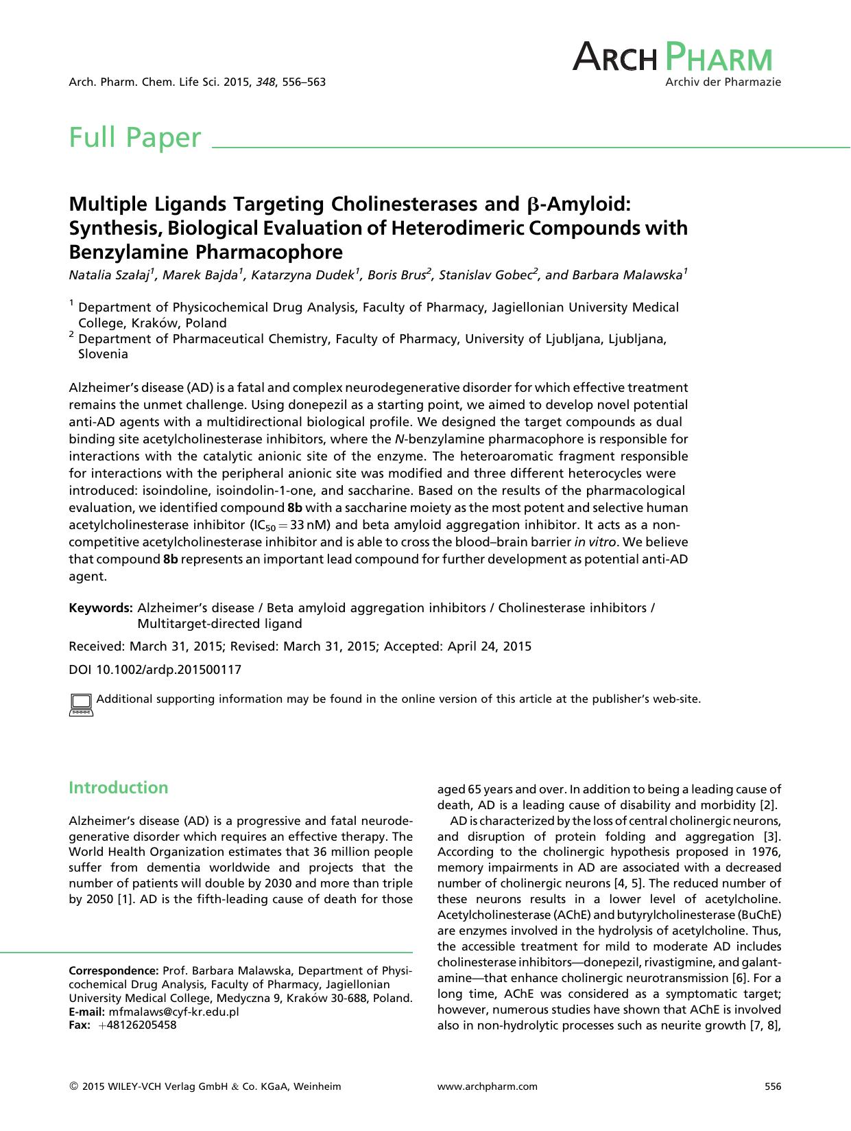 Multiple Ligands Targeting Cholinesterases and β-Amyloid: Synthesis, Biological Evaluation of Heterodimeric Compounds with Benzylamine Pharmacophore by Unknown