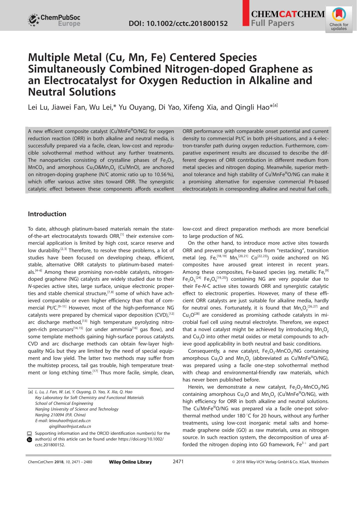 Multiple Metal (Cu, Mn, Fe) Centered Species Simultaneously Combined Nitrogenâdoped Graphene as an Electrocatalyst for Oxygen Reduction in Alkaline and Neutral Solutions by Unknown