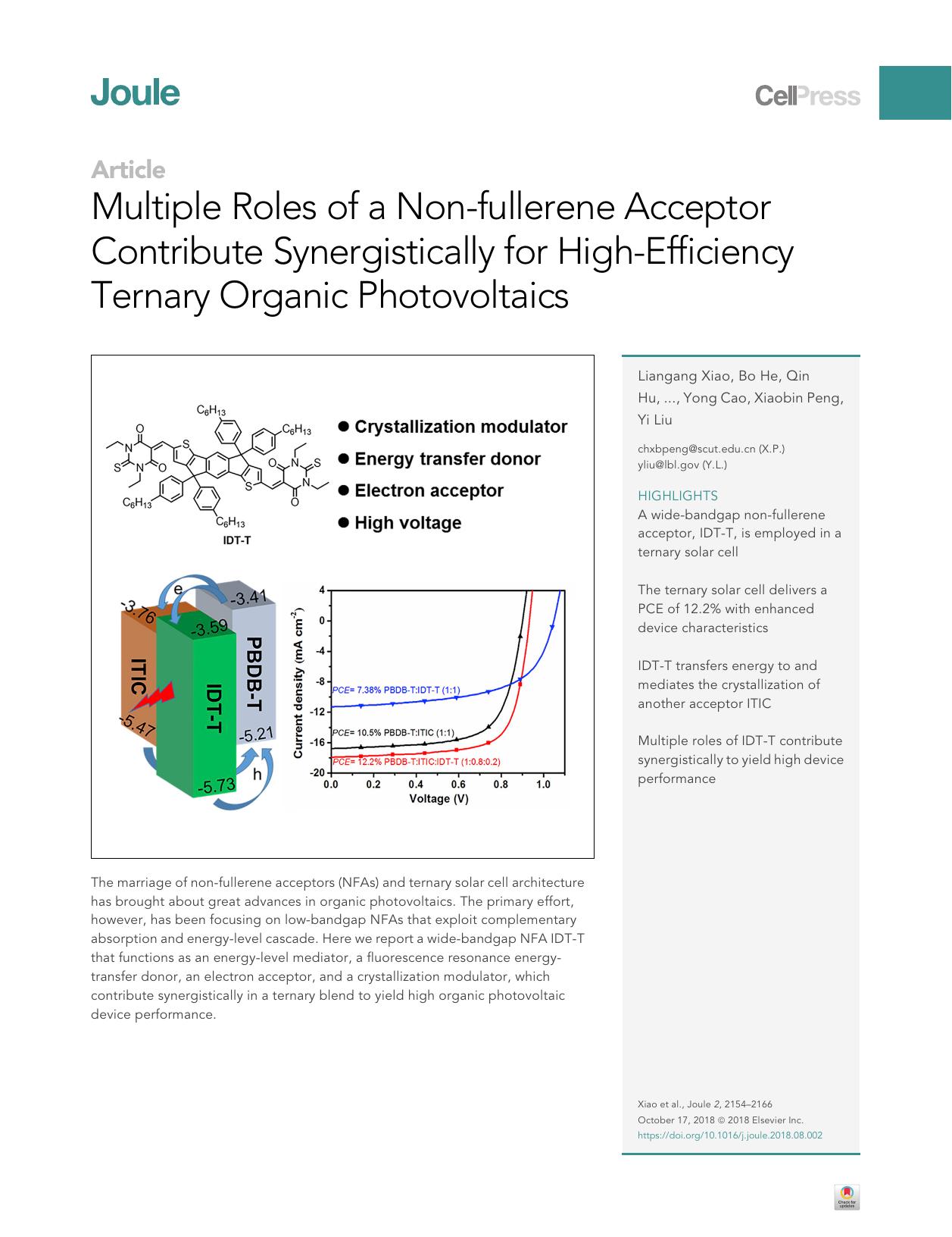 Multiple Roles of a Non-fullerene Acceptor Contribute Synergistically for High-Efficiency Ternary Organic Photovoltaics by unknow