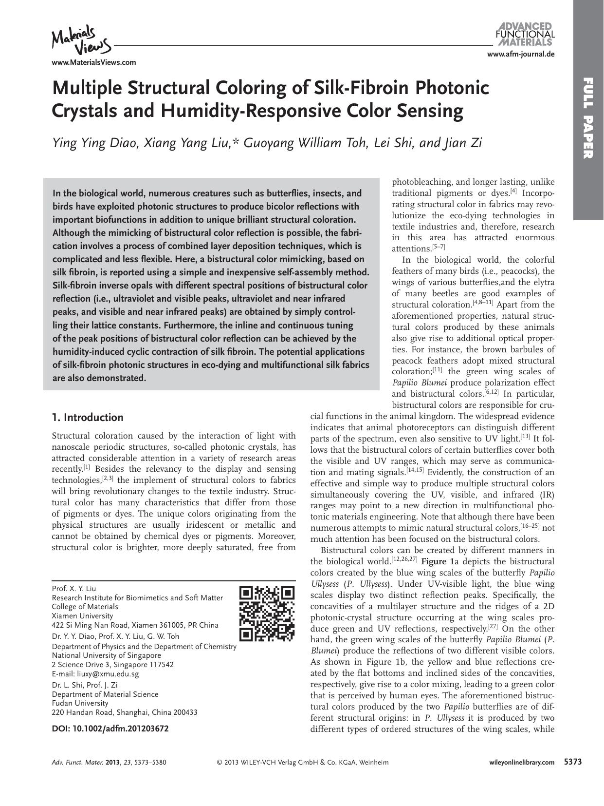 Multiple Structural Coloring of SilkFibroin Photonic Crystals and HumidityResponsive Color Sensing by s-w-270