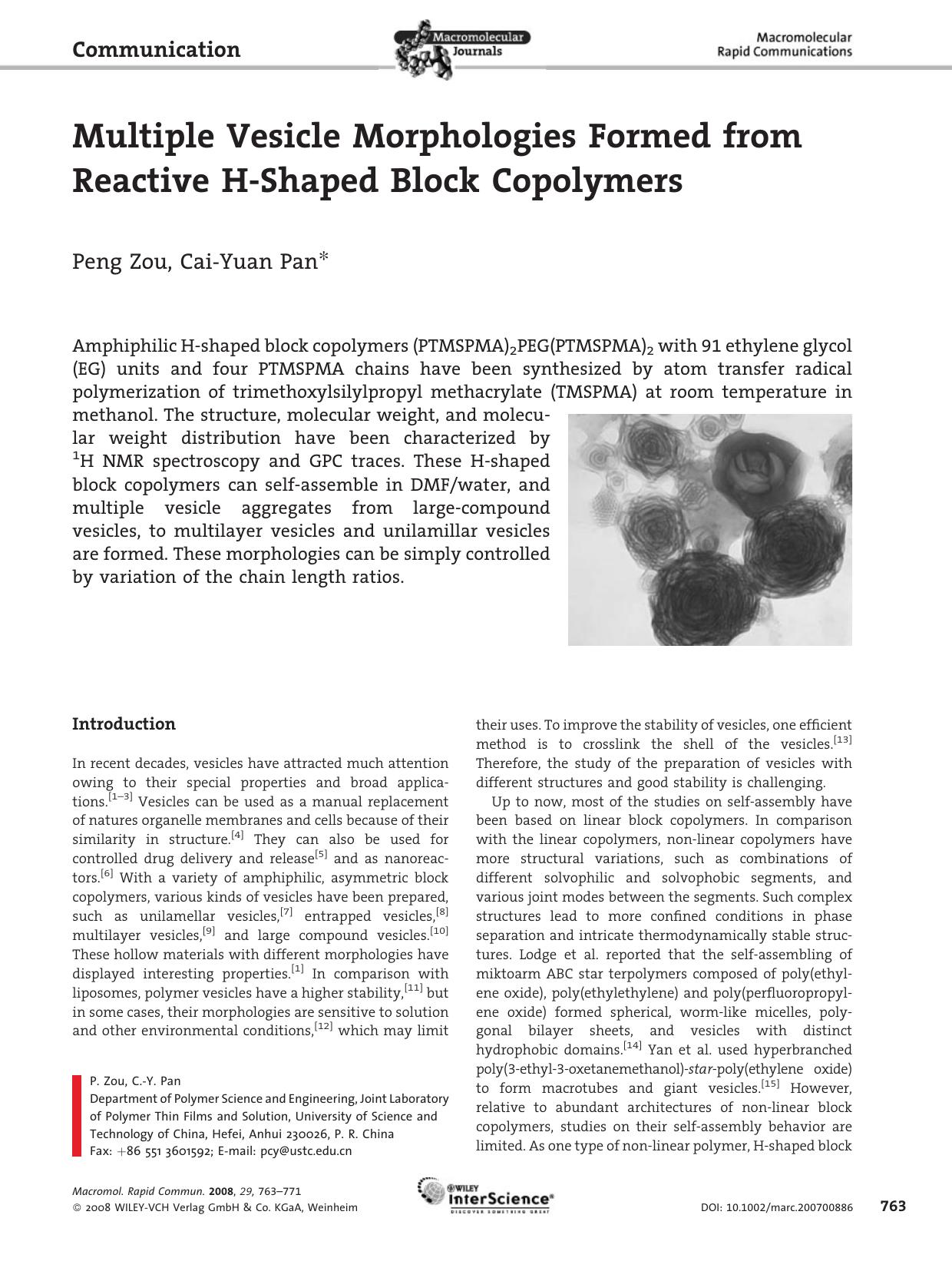 Multiple Vesicle Morphologies Formed from Reactive H-Shaped Block Copolymers by Unknown