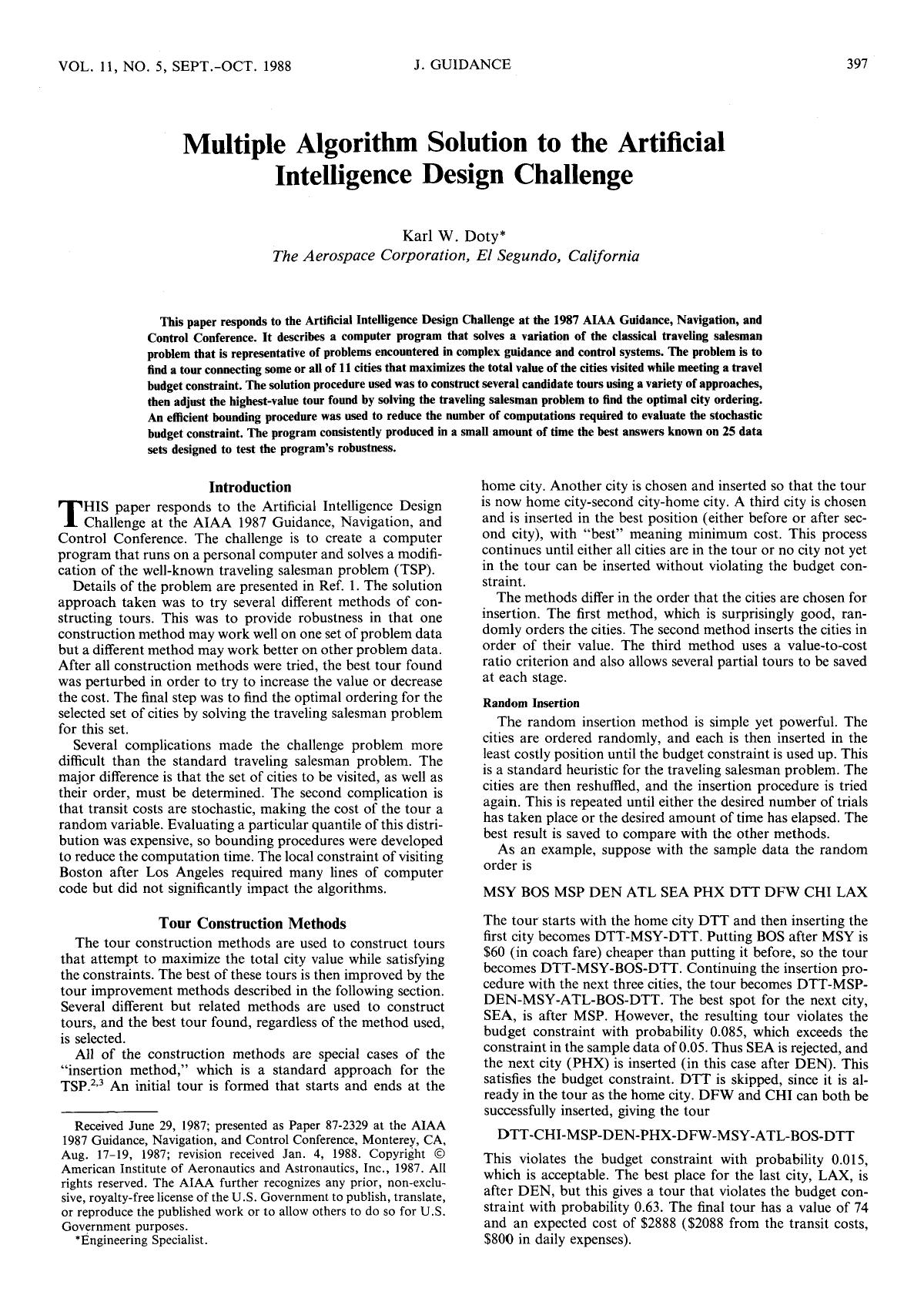 Multiple algorithm solution to the artificial intelligence design challenge by Unknown