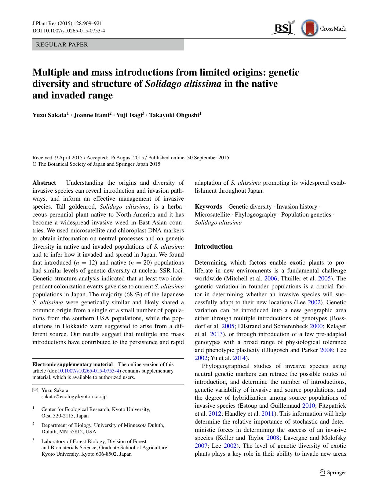 Multiple and mass introductions from limited origins: genetic diversity and structure of Solidago altissima in the native and invaded range by Yuzu Sakata & Joanne Itami & Yuji Isagi & Takayuki Ohgushi