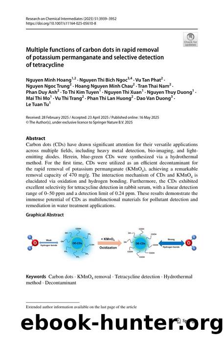 Multiple functions of carbon dots in rapid removal of potassium permanganate and selective detection of tetracycline by unknow