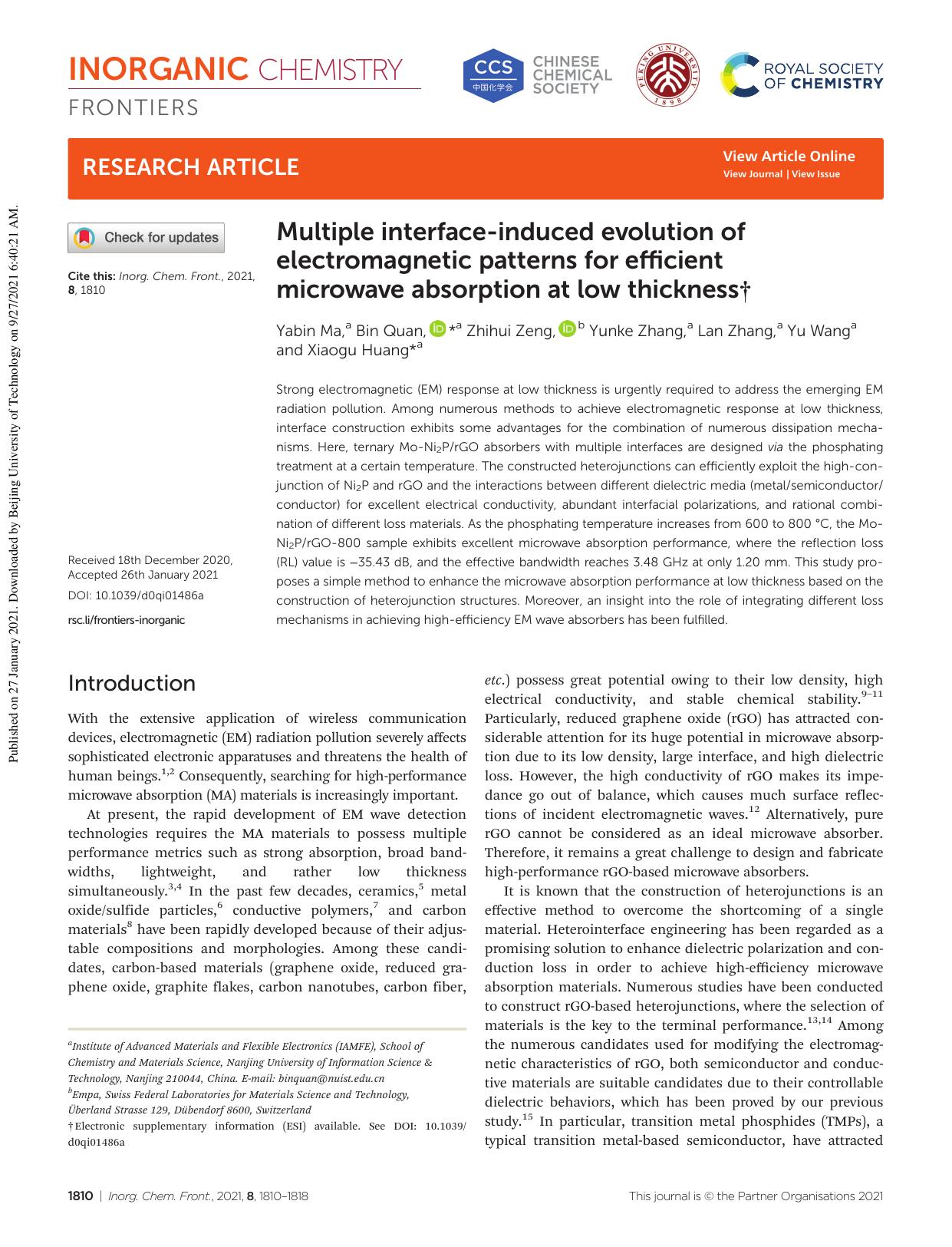 Multiple interface-induced evolution of electromagnetic patterns for efficient microwave absorption at low thickness by Yabin Ma Bin Quan Zhihui Zeng Yunke Zhang Lan Zhang Yu Wang Xiaogu Huang