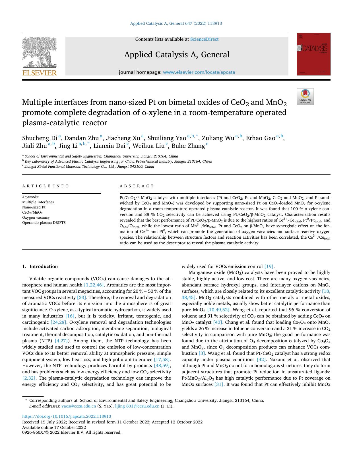 Multiple interfaces from nano-sized Pt on bimetal oxides of CeO2 and MnO2 promote complete degradation of o-xylene in a room-temperature operated plasma-catalytic reactor by unknow