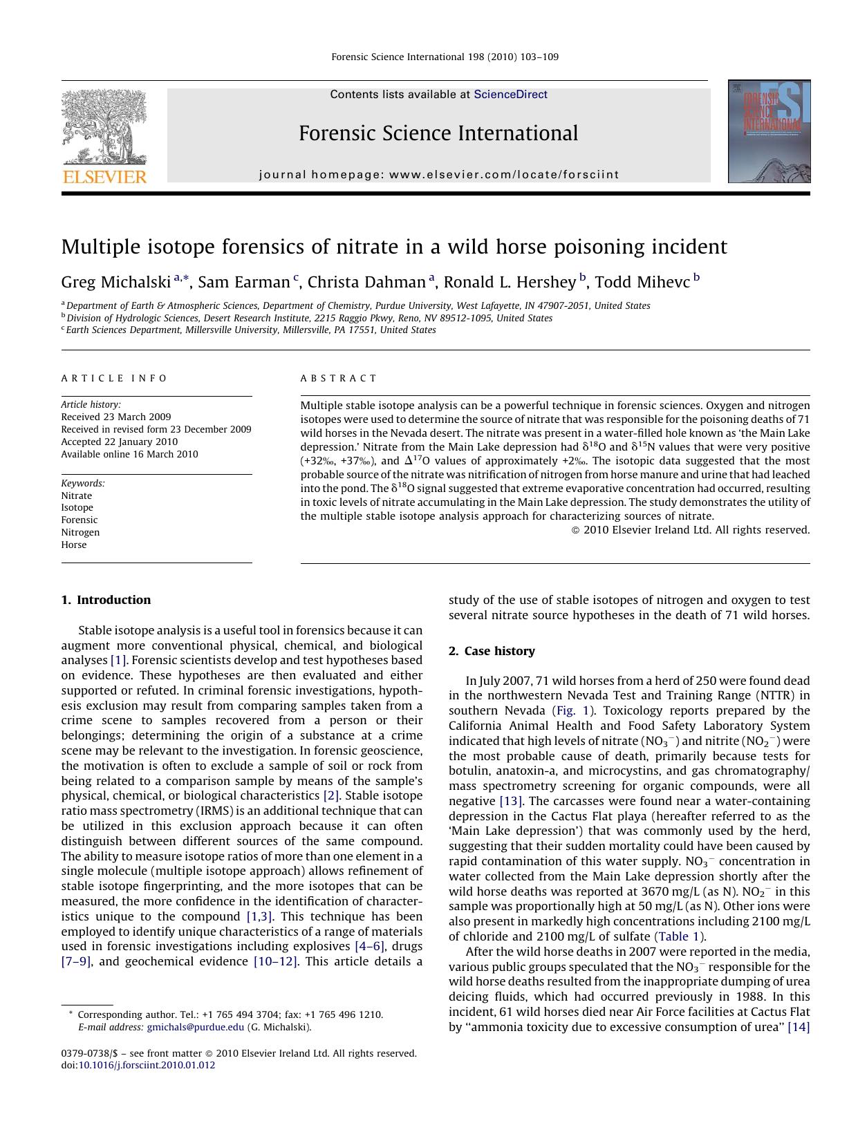 Multiple isotope forensics of nitrate in a wild horse poisoning incident by Greg Michalski; Sam Earman; Christa Dahman; Ronald L. Hershey; Todd Mihevc