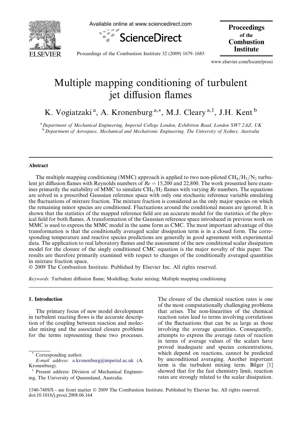 Multiple mapping conditioning of turbulent jet diffusion flames by K. Vogiatzaki; A. Kronenburg; M.J. Cleary; J.H. Kent