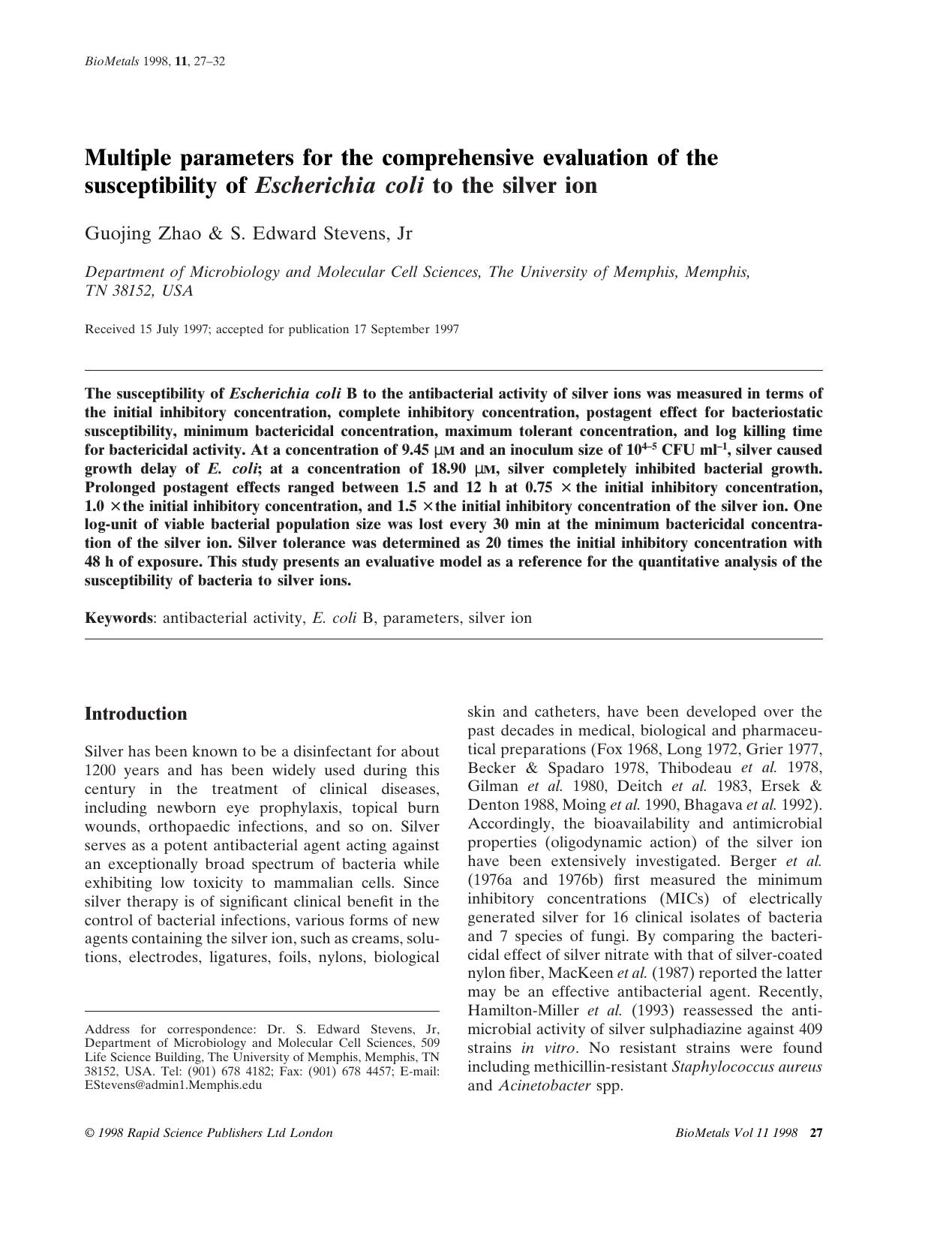 Multiple parameters for the comprehensive evaluation of the susceptibility of Escherichia coli to the silver ion by Unknown