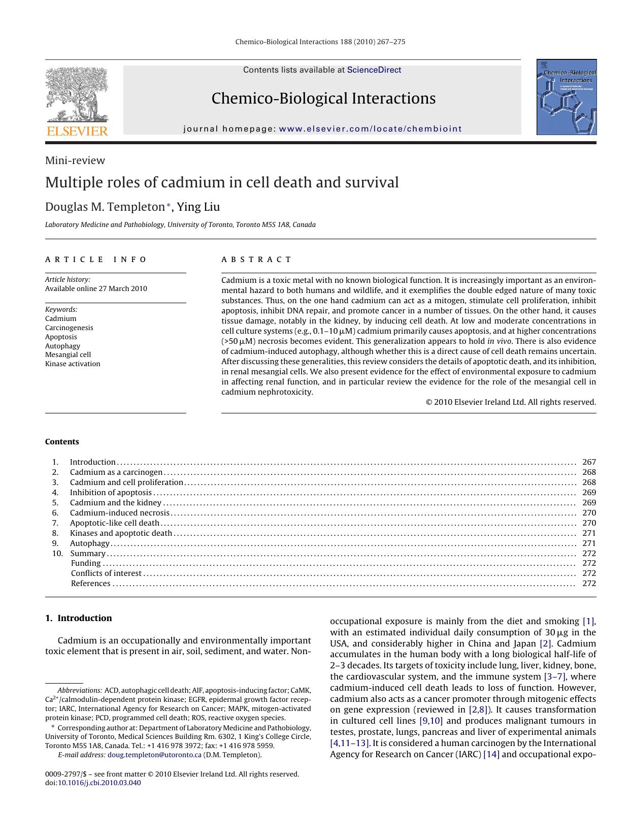 Multiple roles of cadmium in cell death and survival by Douglas M. Templeton