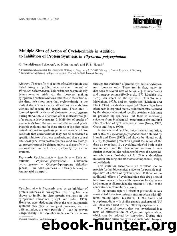 Multiple sites of action of cycloheximide in addition to inhibition of protein synthesis in <Emphasis Type="Italic">Physarum polycephalum<Emphasis> by Unknown