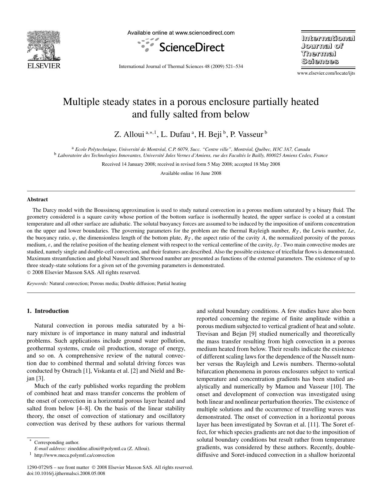 Multiple steady states in a porous enclosure partially heated and fully salted from below by Z. Alloui; L. Dufau; H. Beji; P. Vasseur