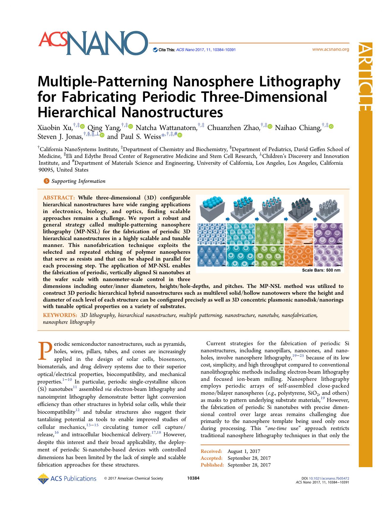 Multiple-Patterning Nanosphere Lithography for Fabricating Periodic Three-Dimensional Hierarchical Nanostructures by unknow