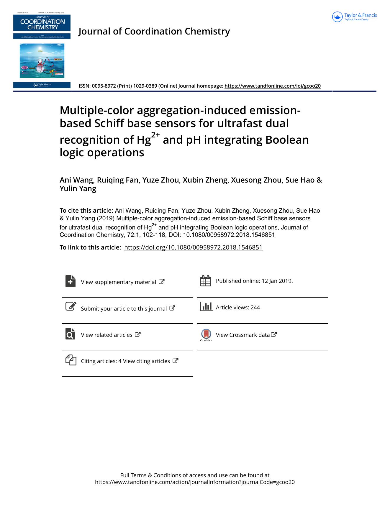 Multiple-color aggregation-induced emission-based Schiff base sensors for ultrafast dual recognition of Hg2+ and pH integrating Boolean logic operations by Wang Ani & Fan Ruiqing & Zhou Yuze & Zheng Xubin & Zhou Xuesong & Hao Sue & Yang Yulin