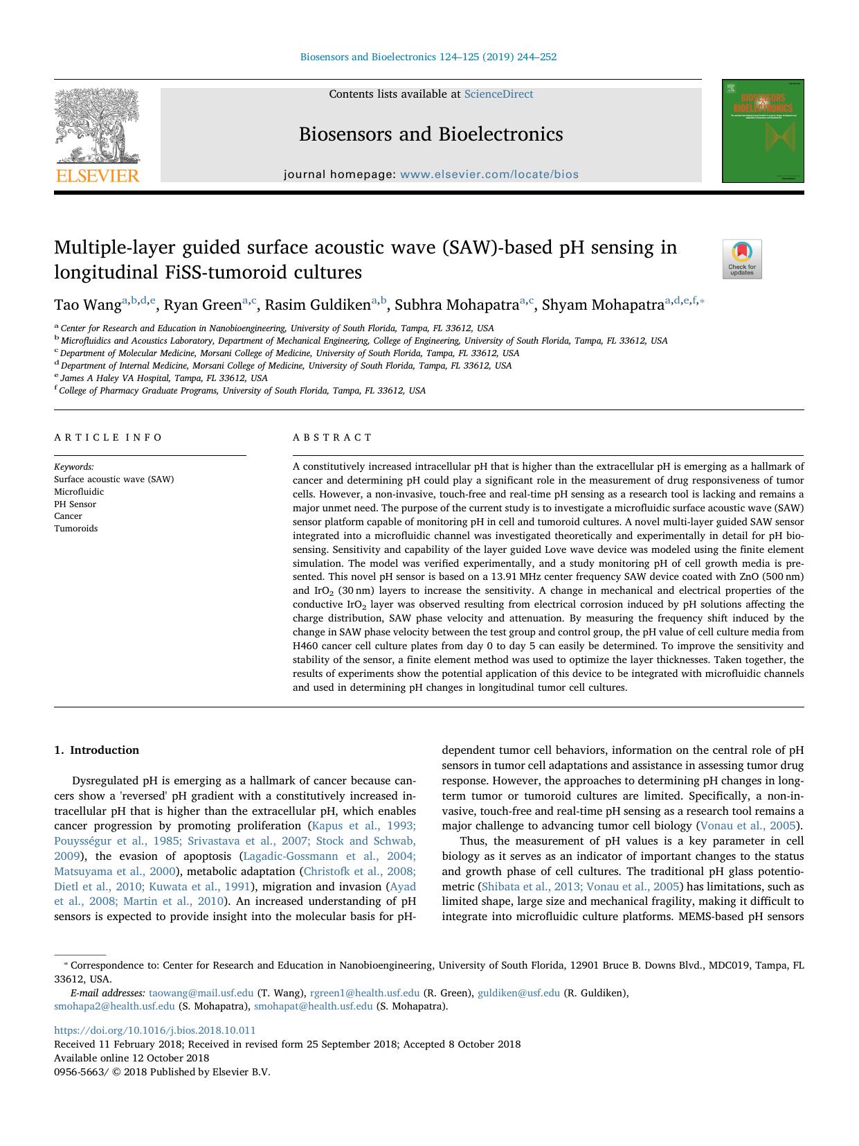 Multiple-layer guided surface acoustic wave (SAW)-based pH sensing in longitudinal FiSS-tumoroid cultures by Tao Wang & Ryan Green & Rasim Guldiken & Subhra Mohapatra & Shyam Mohapatra