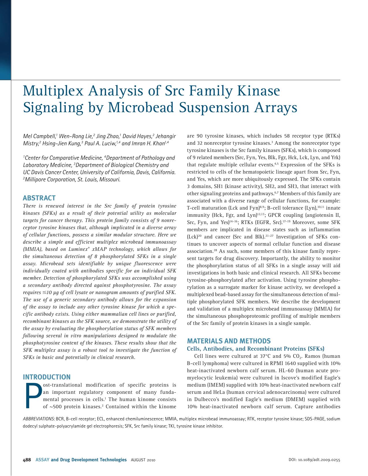 Multiplex Analysis of Src Family Kinase Signaling by Microbead Suspension Arrays by unknow