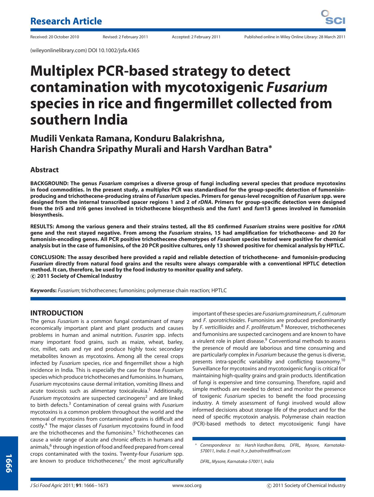 Multiplex PCRbased strategy to detect contamination with mycotoxigenic Fusarium species in rice and fingermillet collected from southern India by Unknown