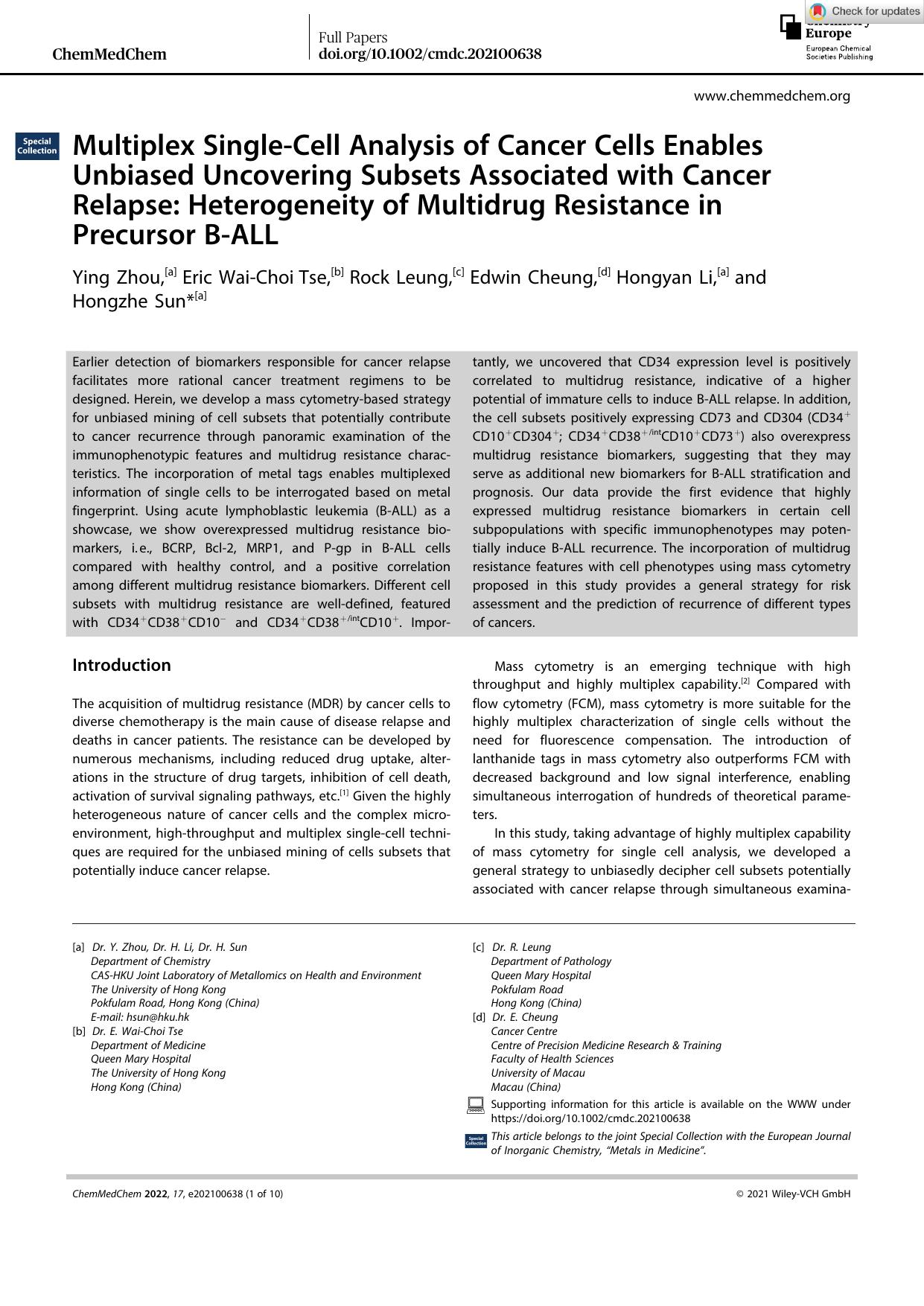 Multiplex SingleâCell Analysis of Cancer Cells Enables Unbiased Uncovering Subsets Associated with Cancer Relapse: Heterogeneity of Multidrug Resistance in Precursor BâALL by Unknown
