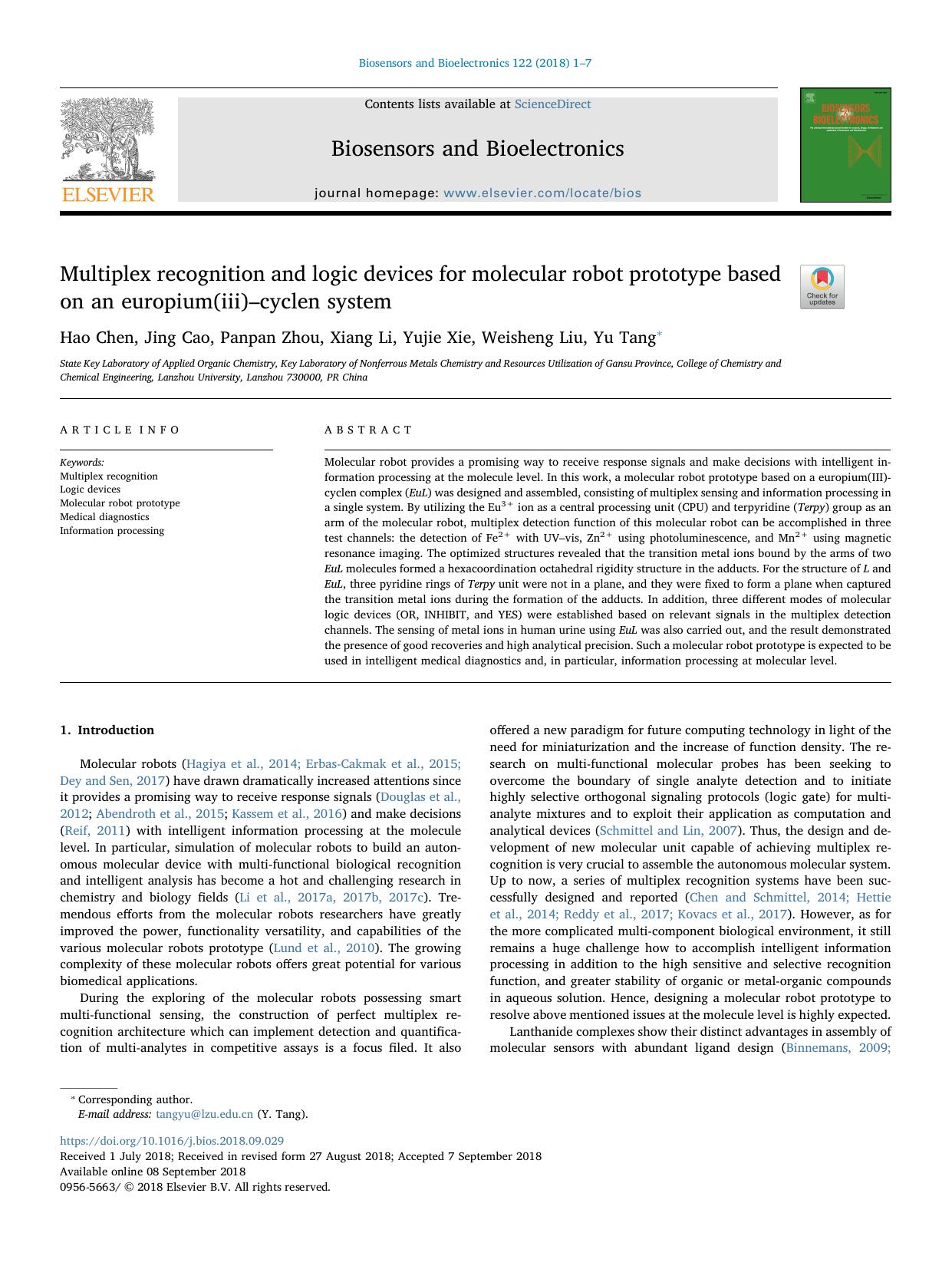 Multiplex recognition and logic devices for molecular robot prototype based on an europium(iii)âcyclen system by Hao Chen & Jing Cao & Panpan Zhou & Xiang Li & Yujie Xie & Weisheng Liu & Yu Tang