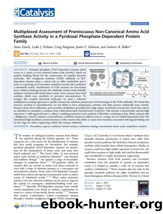 Multiplexed Assessment of Promiscuous Non-Canonical Amino Acid Synthase Activity in a Pyridoxal Phosphate-Dependent Protein Family by Anna Zmich Lydia J. Perkins Craig Bingman Justin F. Acheson and Andrew R. Buller