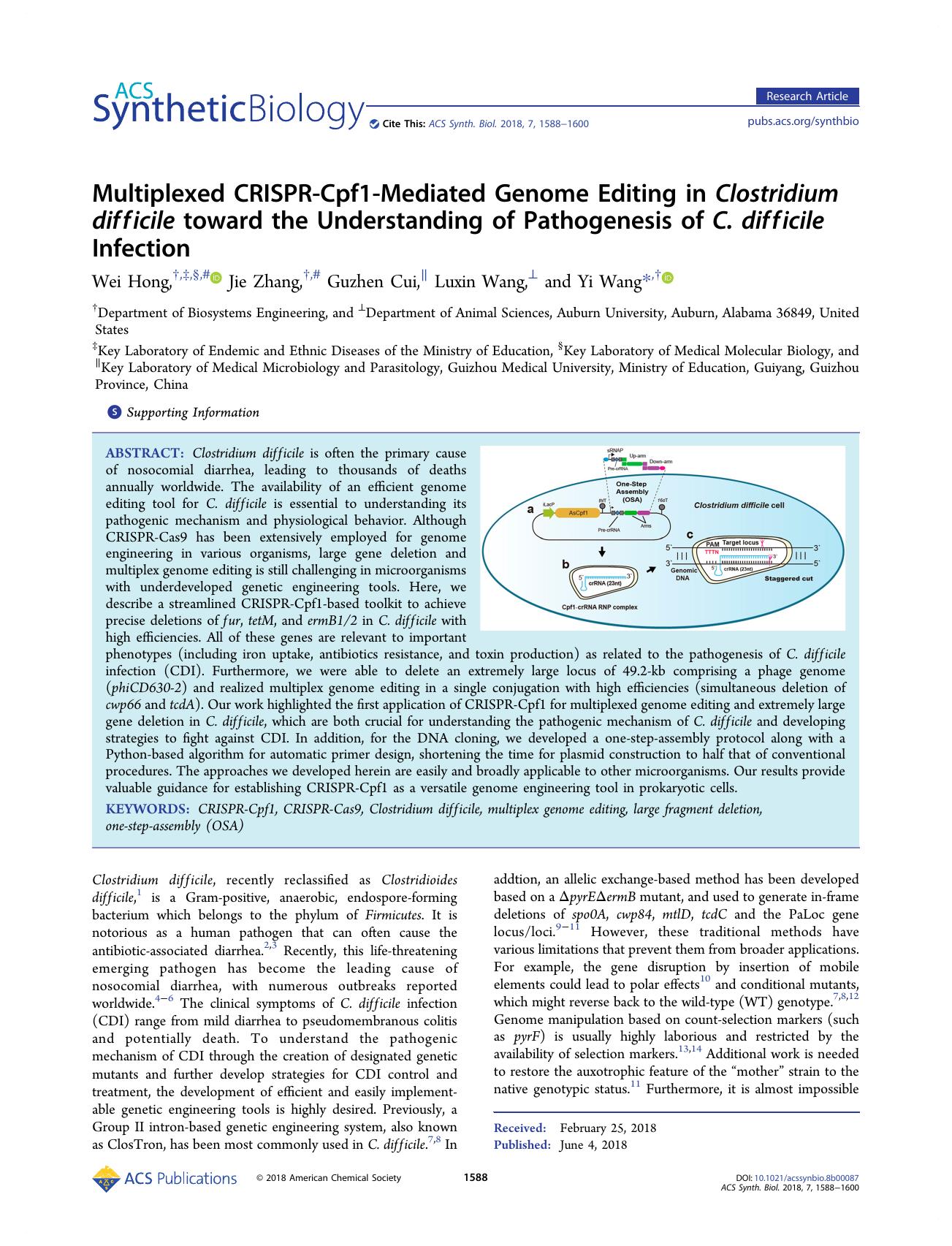 Multiplexed CRISPR-Cpf1-Mediated Genome Editing in Clostridium difficile toward the Understanding of Pathogenesis of C. difficile Infection by Wei Hong Jie Zhang Guzhen Cui Luxin Wang and Yi Wang