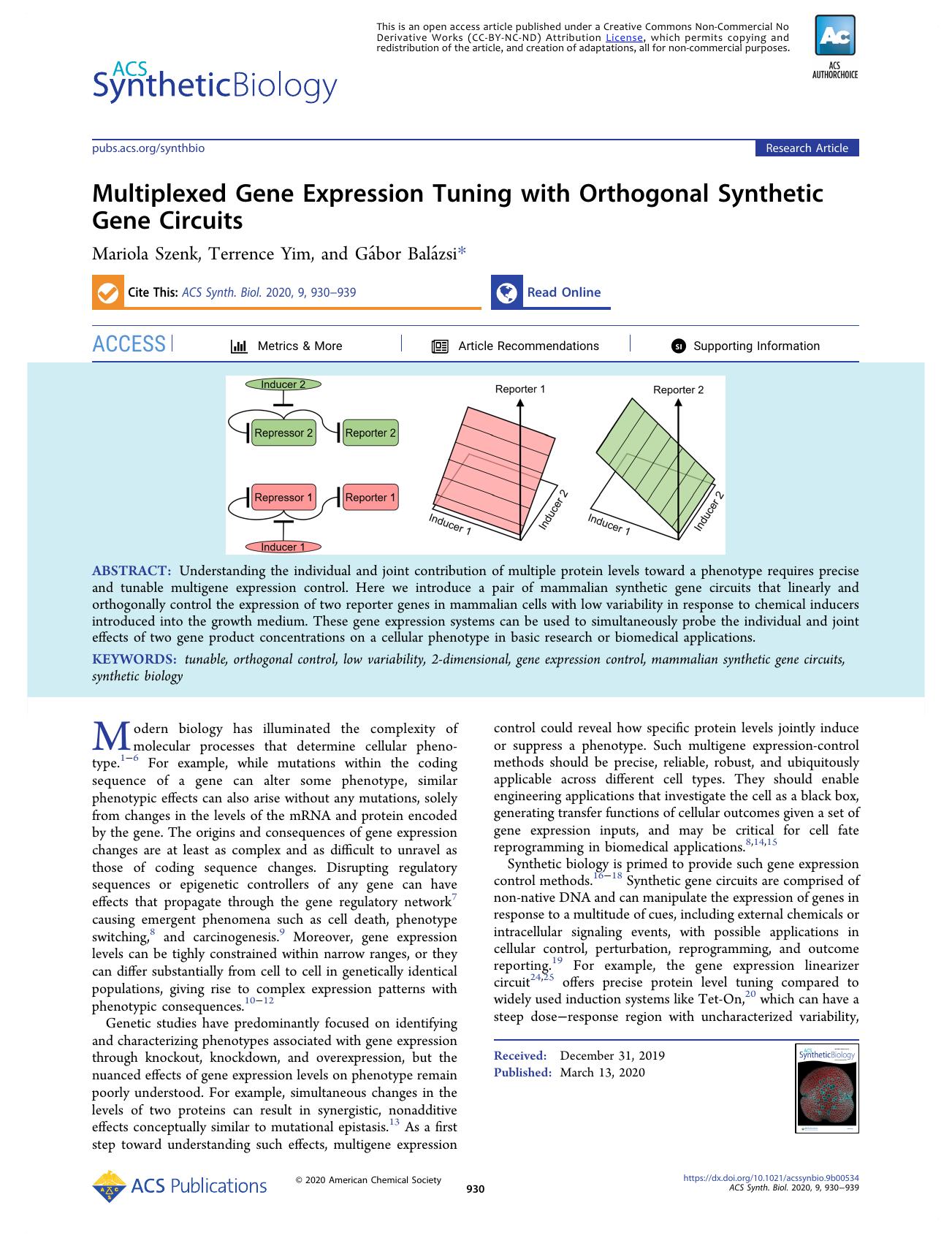 Multiplexed Gene Expression Tuning with Orthogonal Synthetic Gene Circuits by Mariola Szenk Terrence Yim and Gábor Balázsi