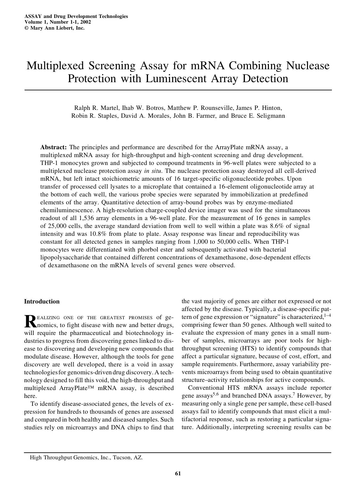 Multiplexed Screening Assay for mRNA Combining Nuclease Protection with Luminescent Array Detection by unknow